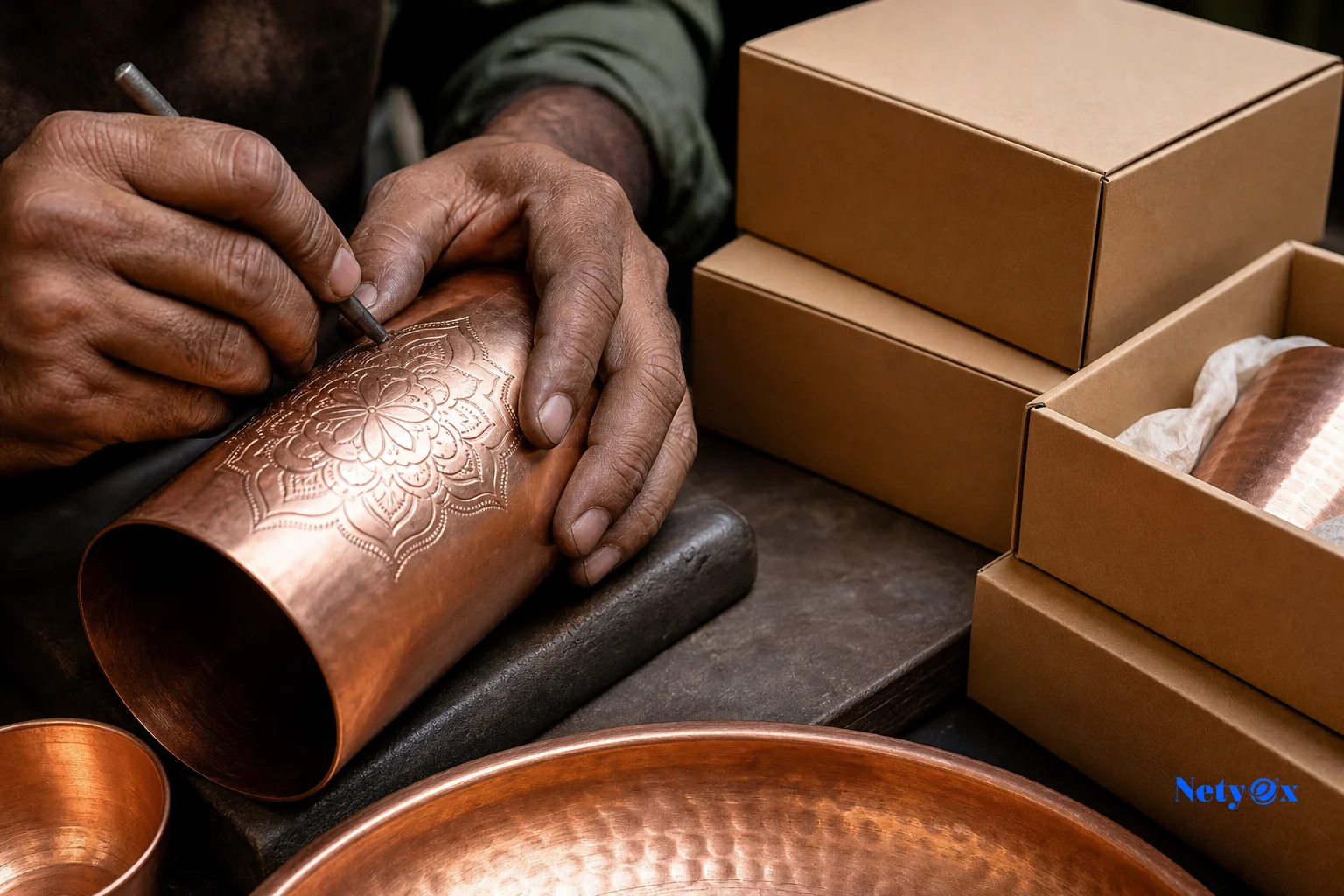 Craftsman engraving a logo onto a brass product with custom private label packaging boxes for an ecommerce brand