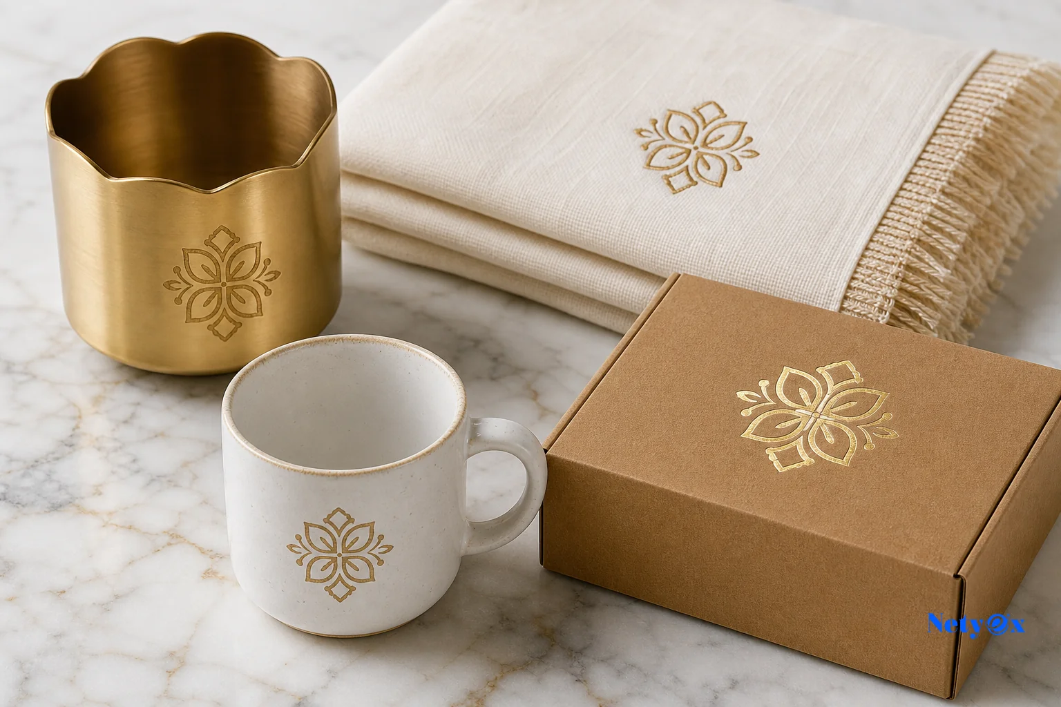 Custom private label branding techniques on Indian-made products including engraved brass, embroidered textiles, and printed ceramic with retail packaging
