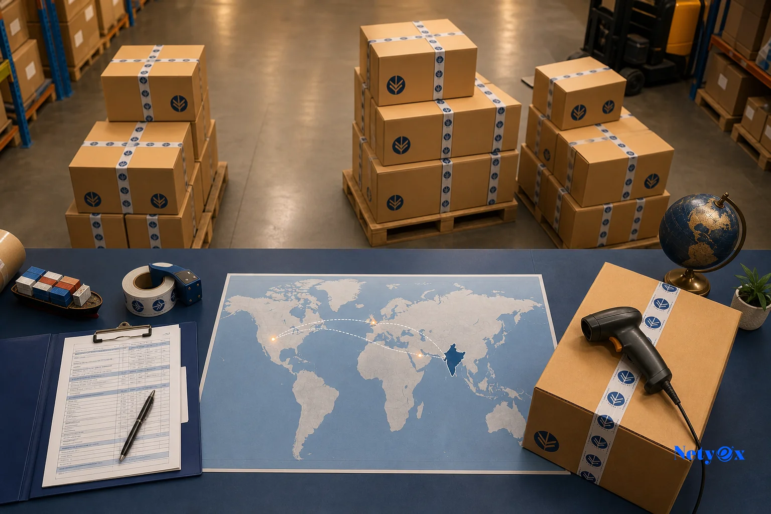 Export logistics for private label products from India showing branded cartons, shipping documents, and global delivery routes to USA, UK, and UAE