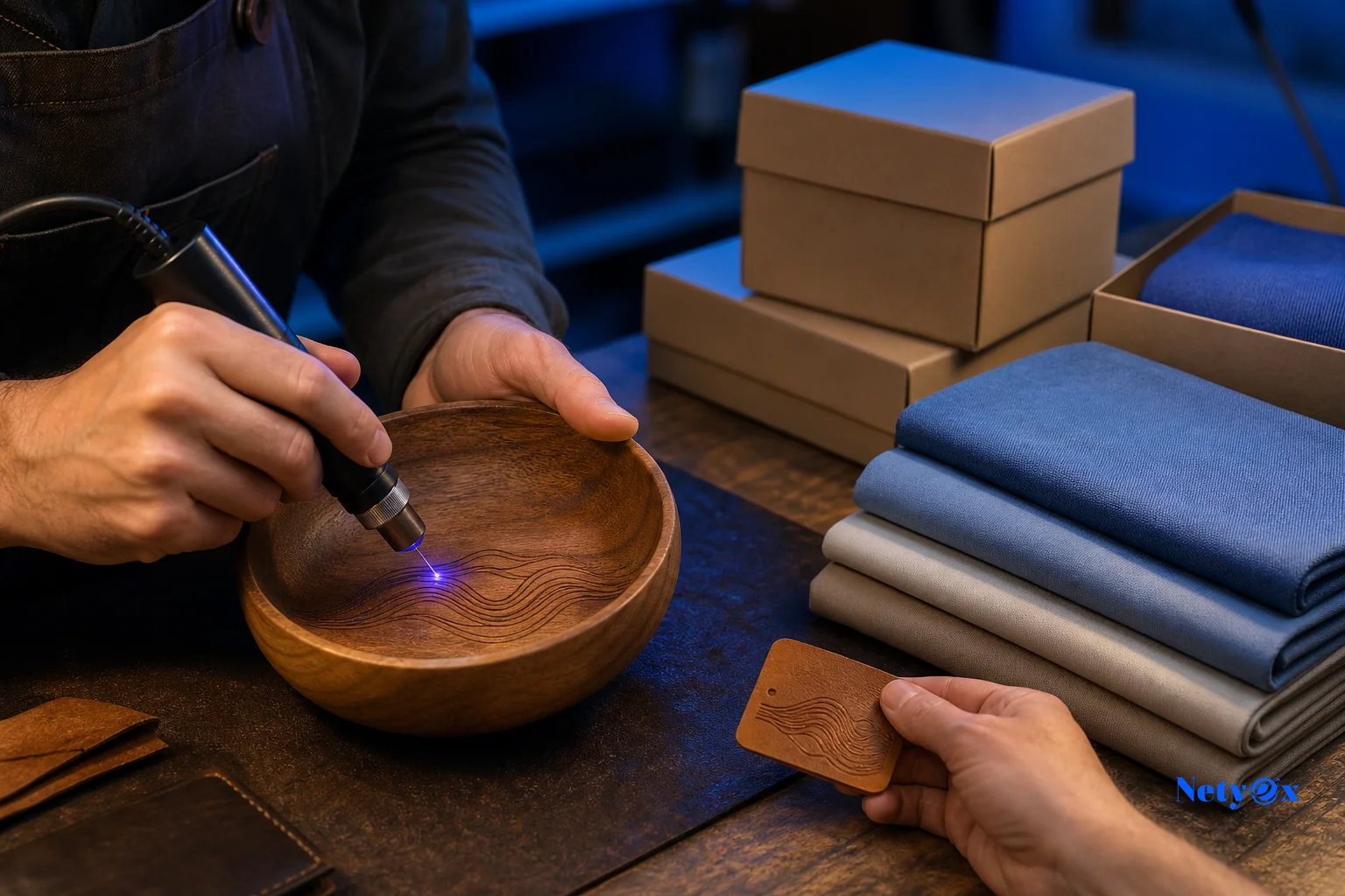 Close-up of private label packaging and branding elements being applied to home decor products. Photorealistic close-up photo of an artisan's hands applying custom branding to products on a workbench: laser engraving on a wooden bowl, a