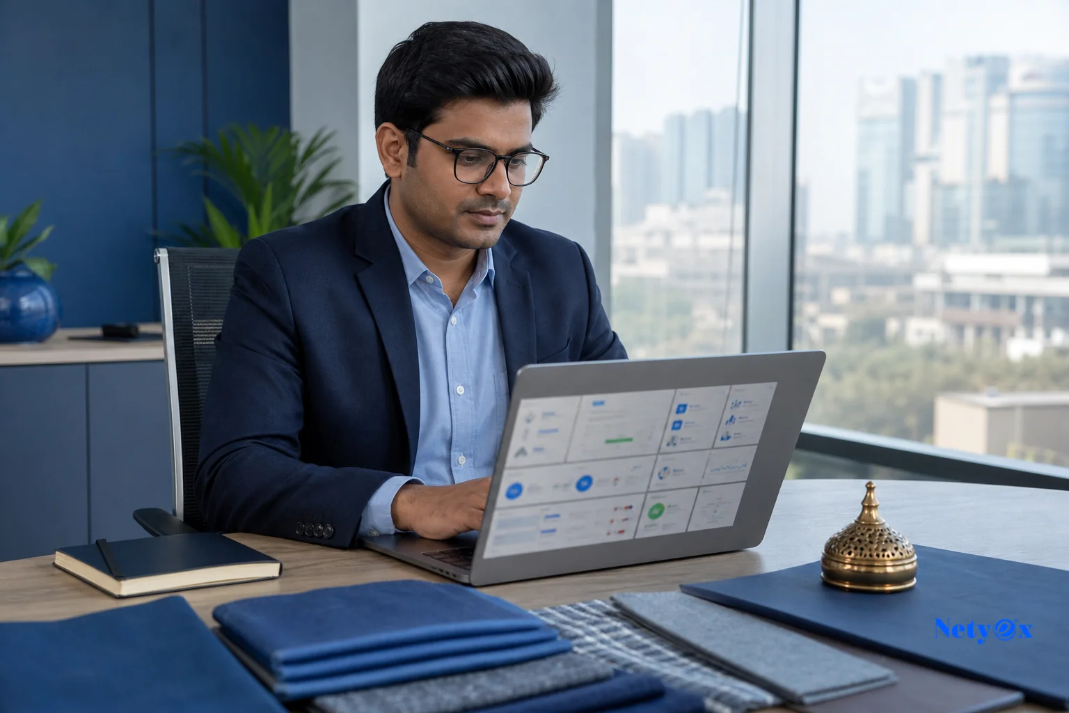 A coordination hub scene showing a sourcing specialist reviewing multiple supplier orders on a laptop and tracking dashboard. Photorealistic photo of a professional Indian sourcing specialist sitting at a modern office desk in Noida, India