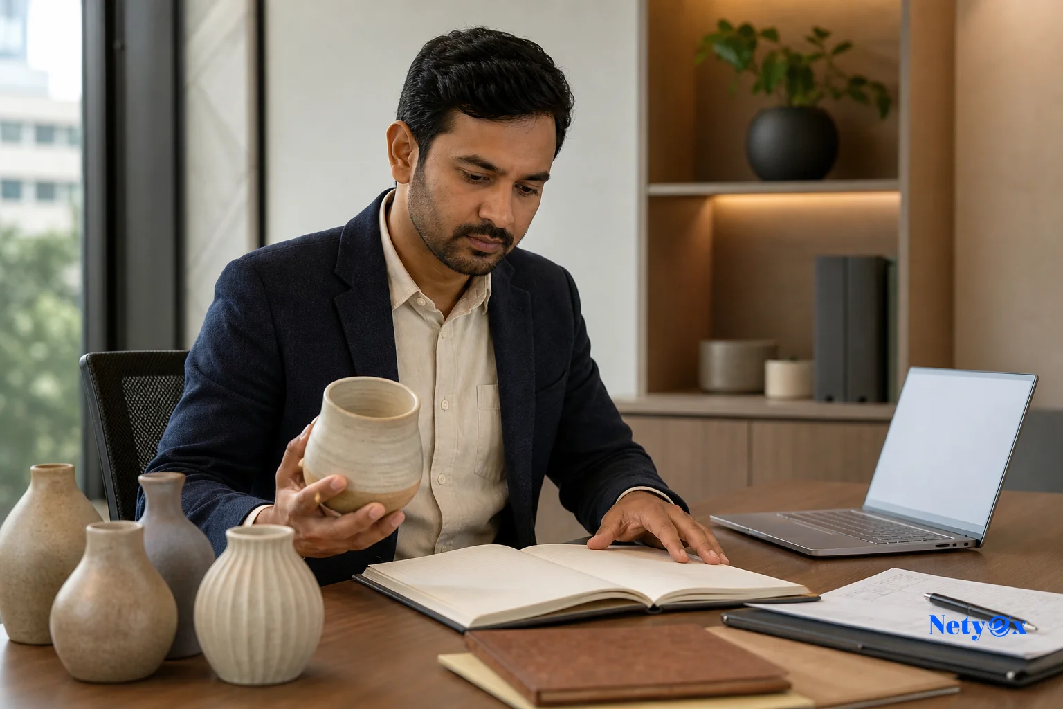 Landed cost calculation for india imports shown with shipping cartons, ledger, and calculator on a desk