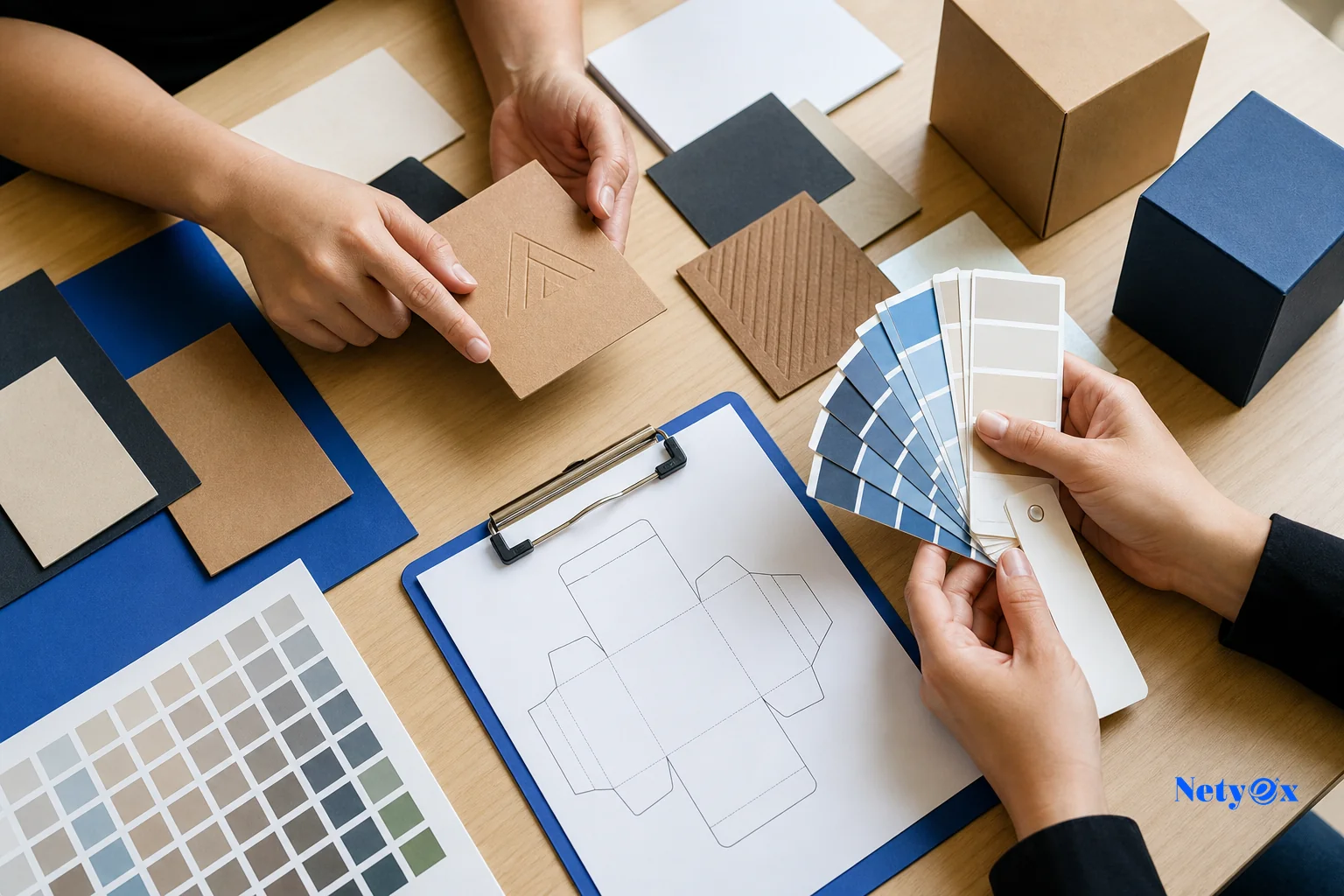 Close-up of packaging spec sheet and material swatches being reviewed. Photorealistic close-up photo of hands reviewing packaging material swatches, color Pantone chips, and a die-line spec sheet on a light wooden table, kraft paper and