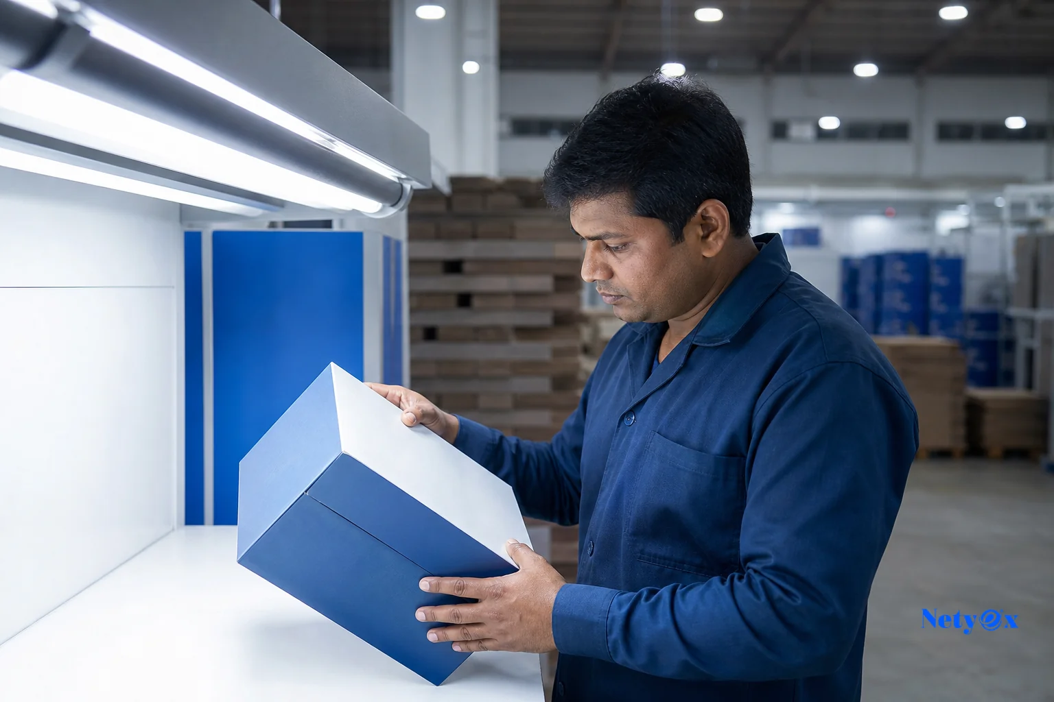 Quality inspector checking packaging print registration and die-cut accuracy before export. Photorealistic photo of a quality control inspector in an Indian export facility examining a printed carton box under bright inspection light