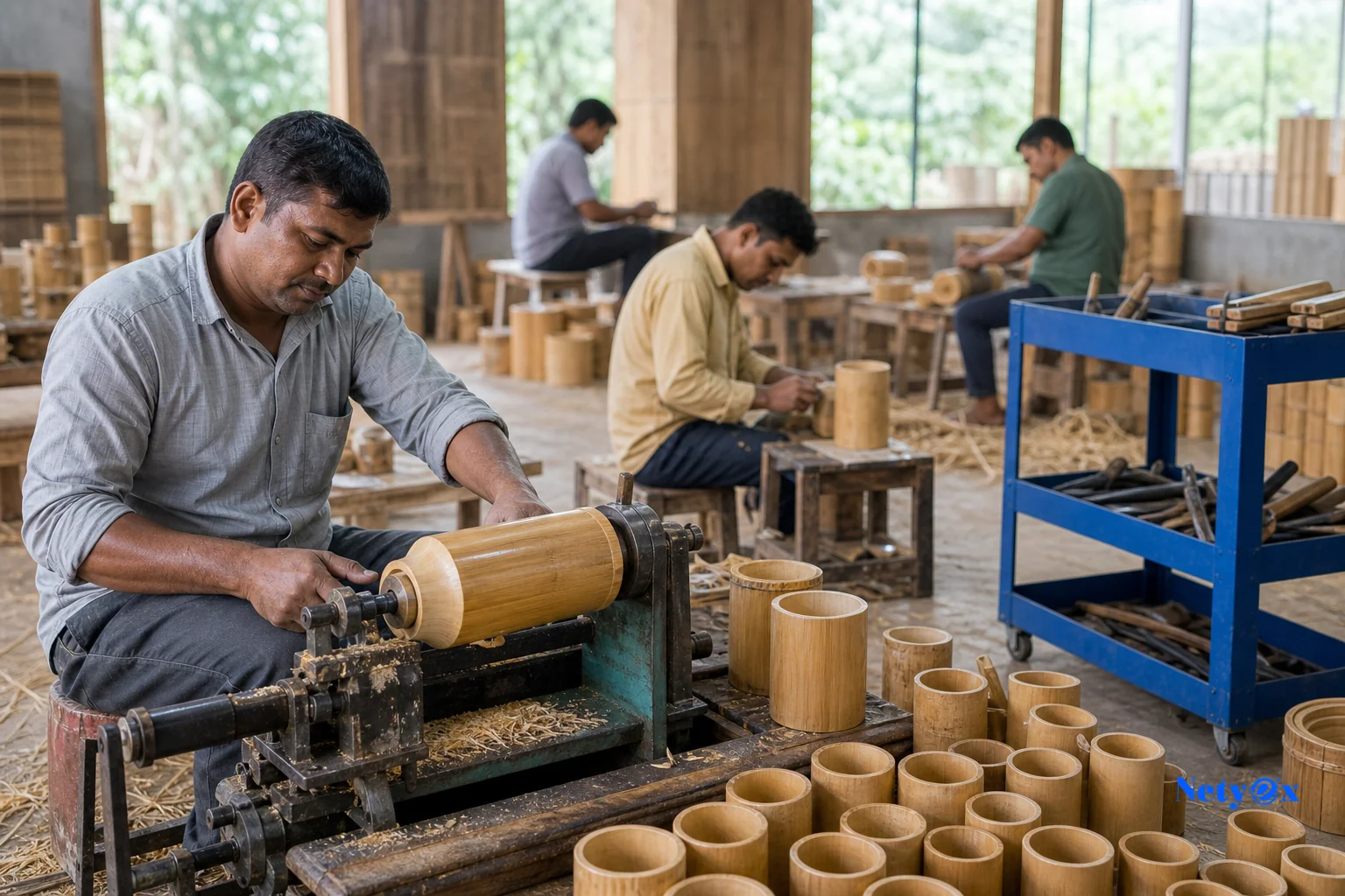 Bamboo workshop in India with raw bamboo stalks being processed into kitchenware. photorealistic photo of an Indian bamboo handicraft workshop, artisans processing raw bamboo stalks into kitchenware blanks, natural daylight through open