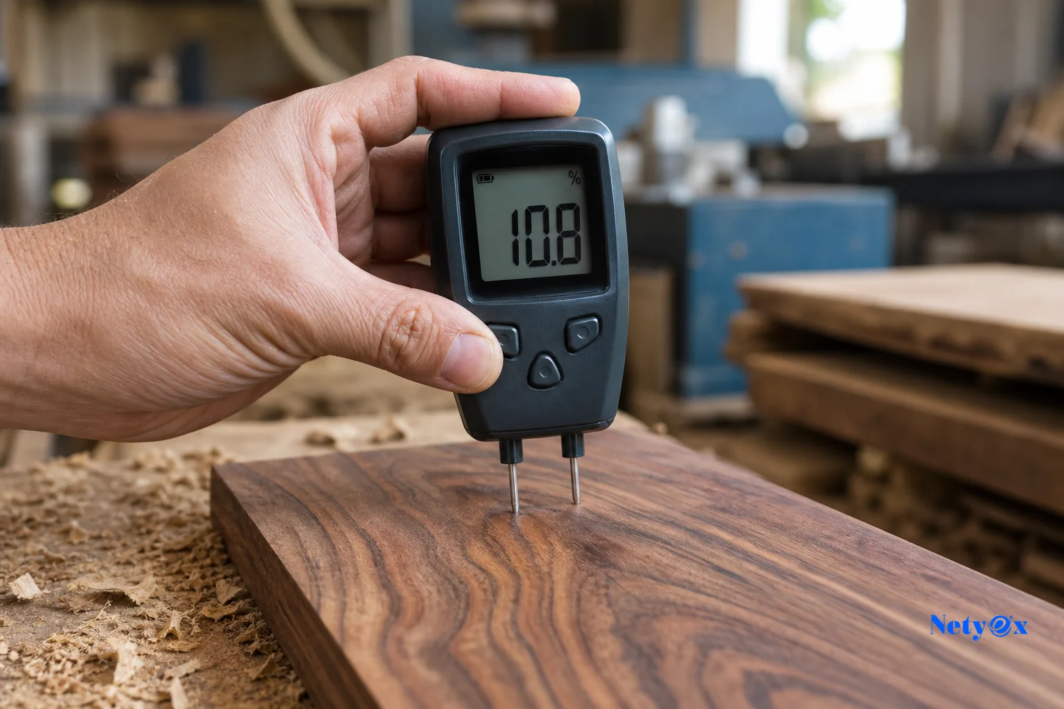 Close-up of a moisture meter being used on raw sheesham wood to check drying levels before production. Photorealistic close-up photo of a hand holding a digital moisture meter with two metal probes inserted into a raw sheesham wood plank