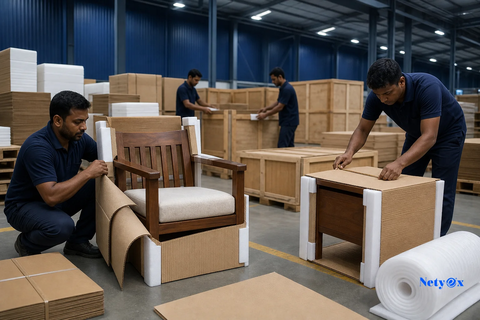 Export packaging process for finished sheesham furniture pieces being wrapped and crated for international shipping. Photorealistic photo of finished sheesham wood furniture pieces, like a chair and small table, being carefully wrapped in