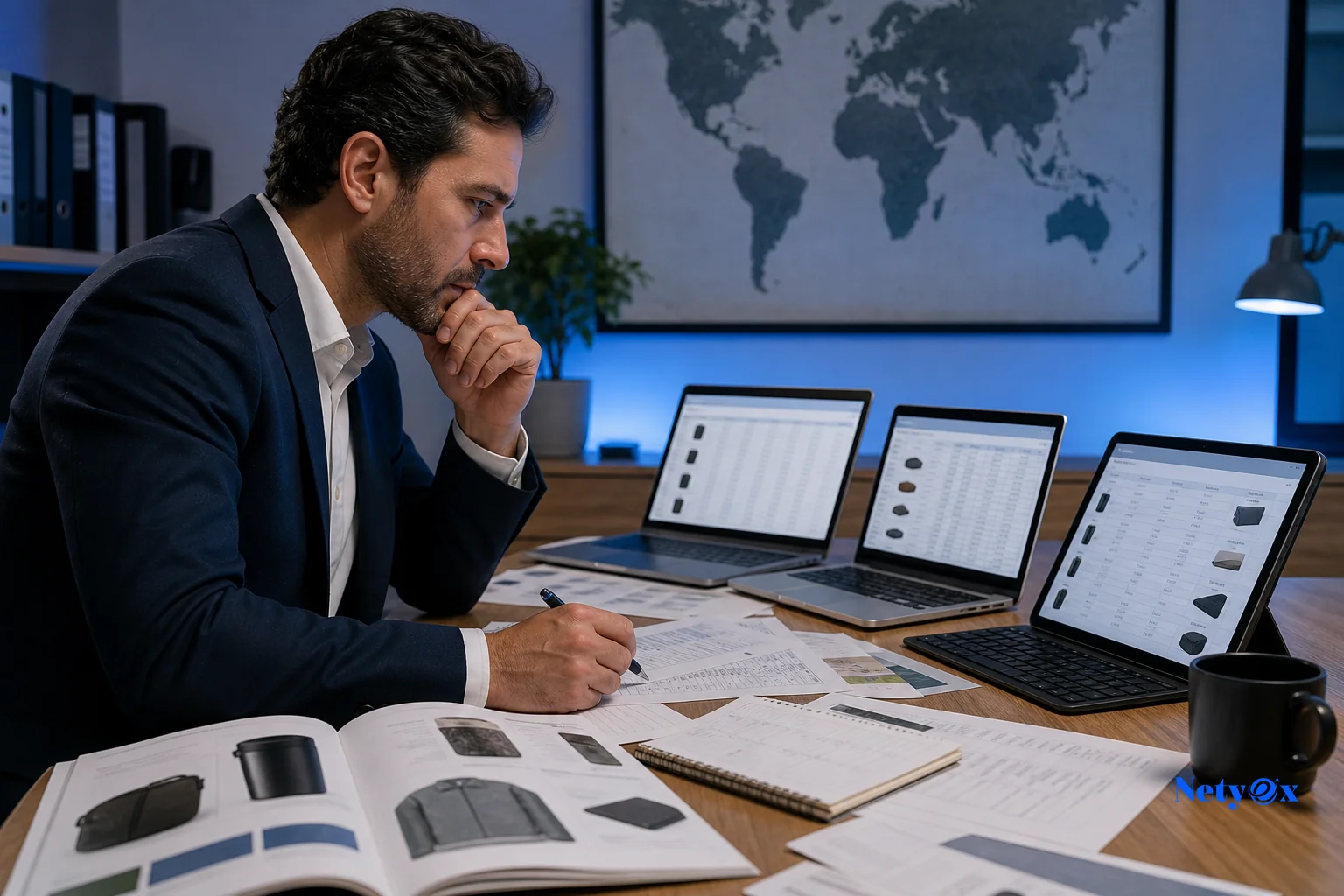 photorealistic photo of a business professional at a desk comparing multiple laptop and tablet screens filled with supplier listings and spreadsheets, papers and printed product catalogs spread across the table showing signs of manual