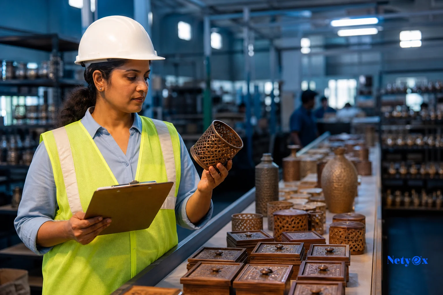 photorealistic photo of a quality auditor wearing a hard hat and safety vest inspecting finished handicraft and home decor products on a factory production line in India, clipboard and inspection checklist in hand, rows of wooden and metal