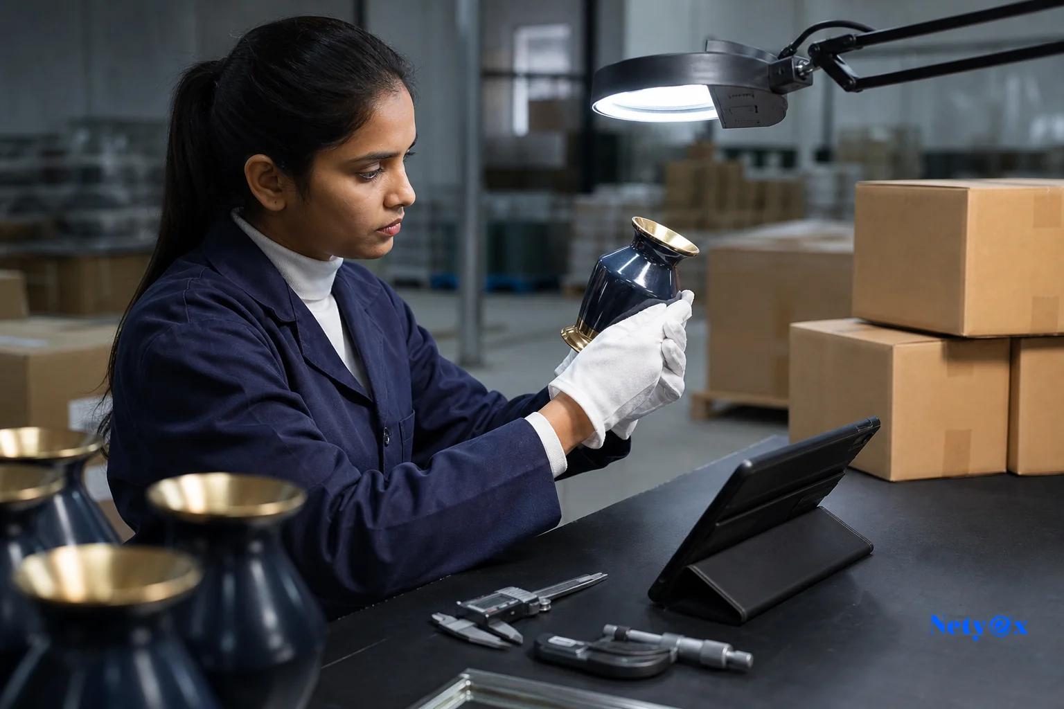 Close-up quality control inspection of export-ready products before shipment. photorealistic photo of a quality control inspector carefully examining a sample product such as a ceramic or brass home decor item under bright inspection