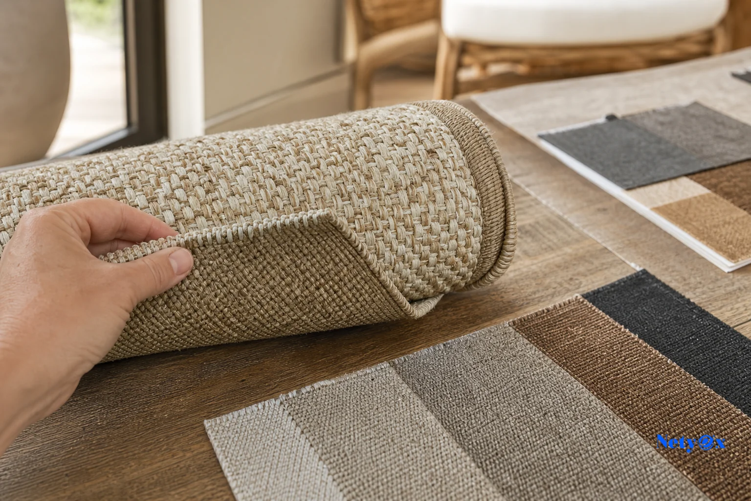 Close-up of an outdoor rug sample swatch being inspected against a spec sheet. photorealistic close-up photo of a hand inspecting a rolled outdoor rug sample swatch on a wooden table next to fabric material cards in earthy tones, natural