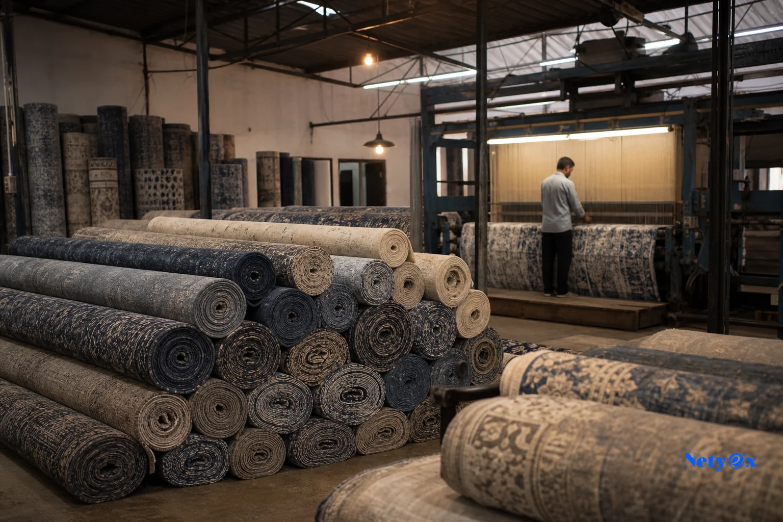 Indian rug manufacturing workshop with looms and rolled rugs ready for export. photorealistic photo of an Indian rug manufacturing workshop interior, rows of rolled finished rugs stacked for export, a worker examining a rug on a large loom