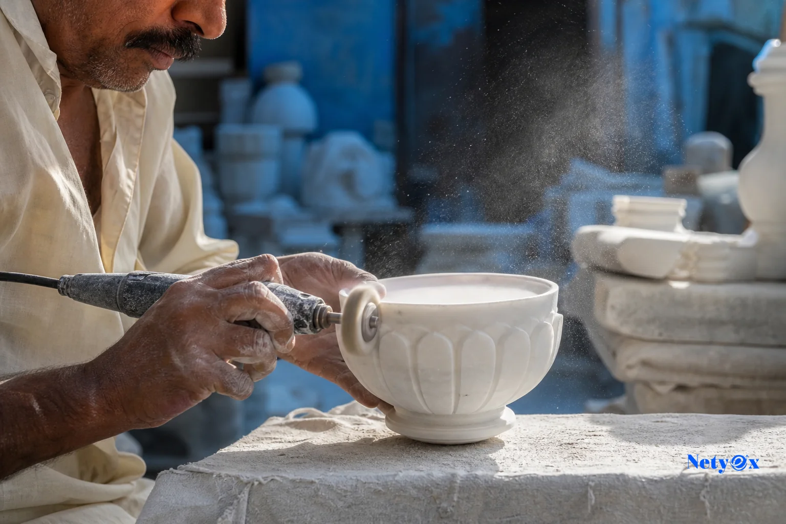 Close-up of a craftsman polishing a white marble decorative piece in an Indian workshop. photorealistic: close-up photo of an Indian artisan's hands polishing a white marble decorative bowl in a sunlit workshop, fine marble dust visible in