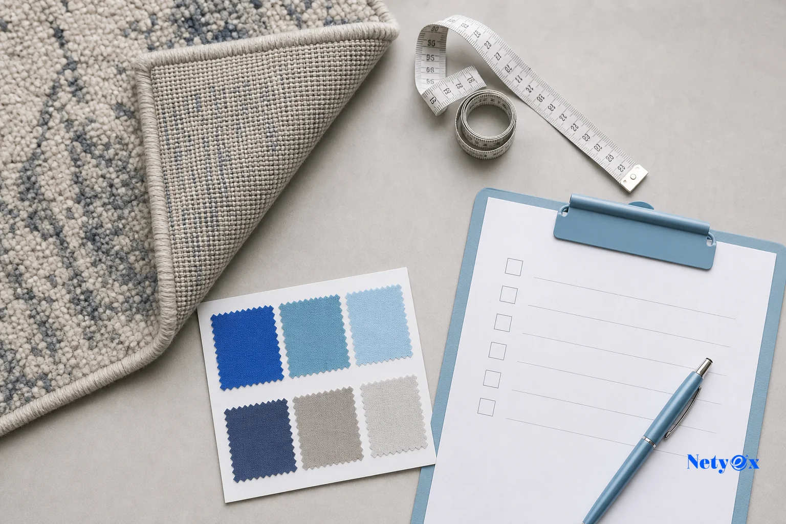 Overhead flat-lay of a rug sample with measuring tape, color swatch card and checklist clipboard. photorealistic overhead flat-lay photograph of a folded wool rug sample corner, a fabric measuring tape, a color swatch card, and a clipboard