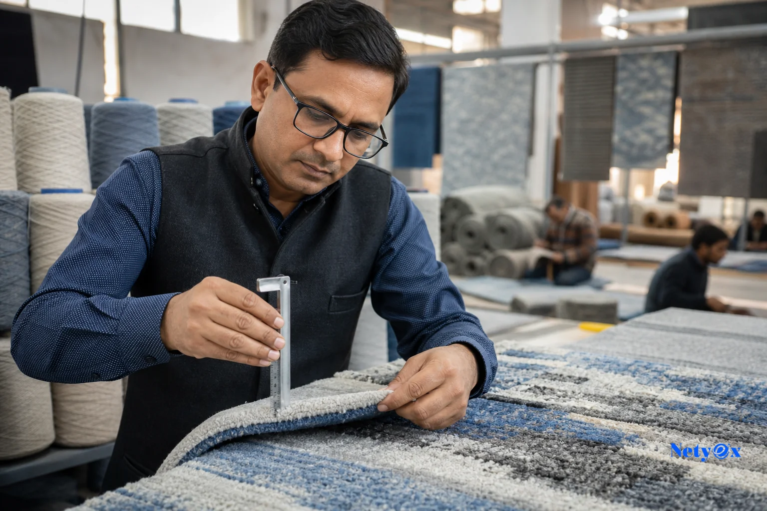 A quality control specialist examining a rug sample in an Indian workshop setting. photorealistic photograph of a quality control specialist in a well-lit Indian textile workshop carefully inspecting a hand tufted wool rug sample, checking