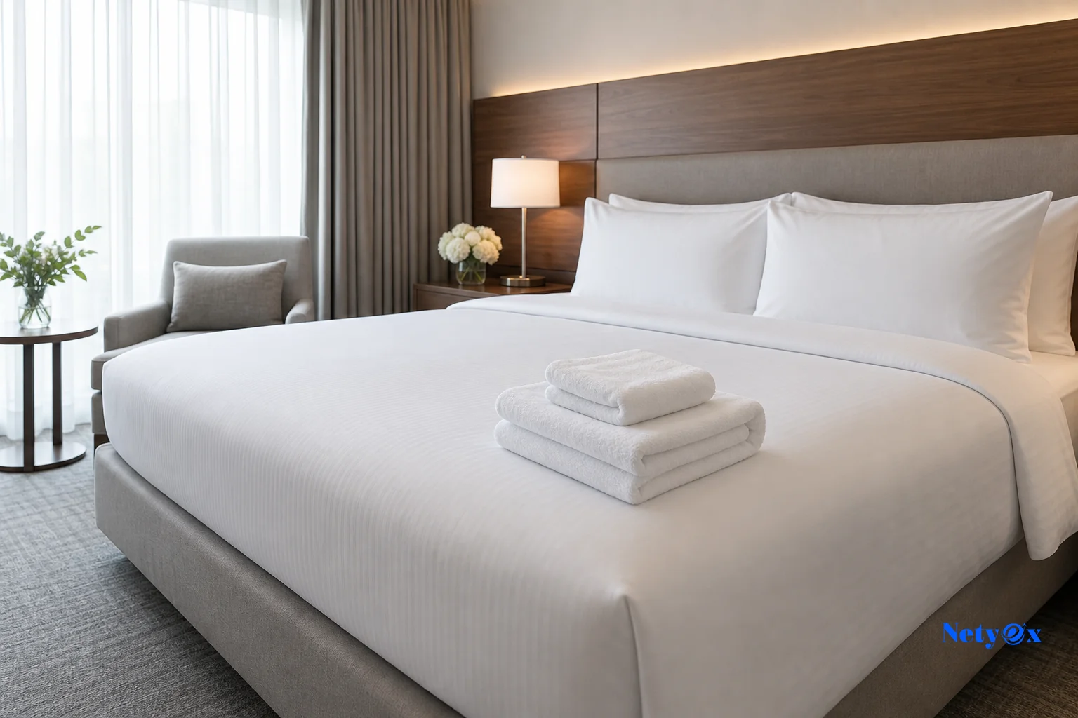 Perfectly made hotel bed with crisp white linen and matching towels showing consistent quality in a modern hotel room