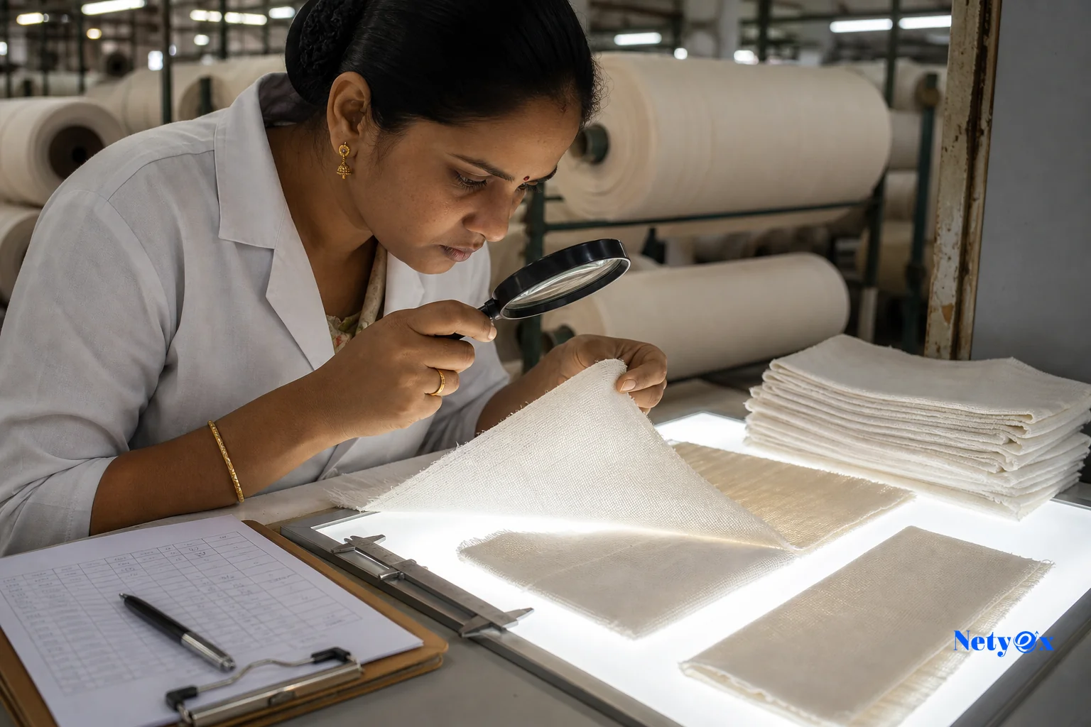 Quality control inspector examining hotel textile fabric samples in an Indian textile mill