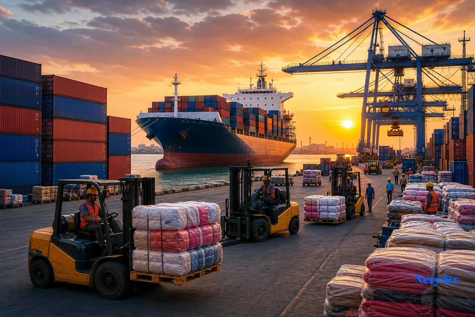 Shipping containers at an Indian cargo port with textile export cargo being loaded for international delivery