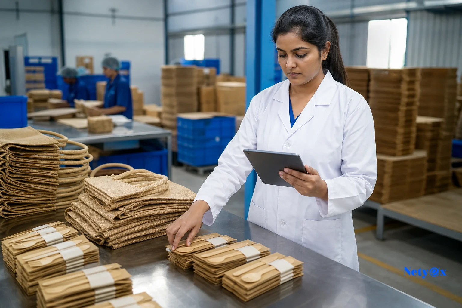 Photo of a quality inspector examining bamboo and jute products against a checklist in a factory setting. photorealistic photo, a quality control inspector wearing a lab coat examining a stack of bamboo cutlery sets and jute tote bags on a