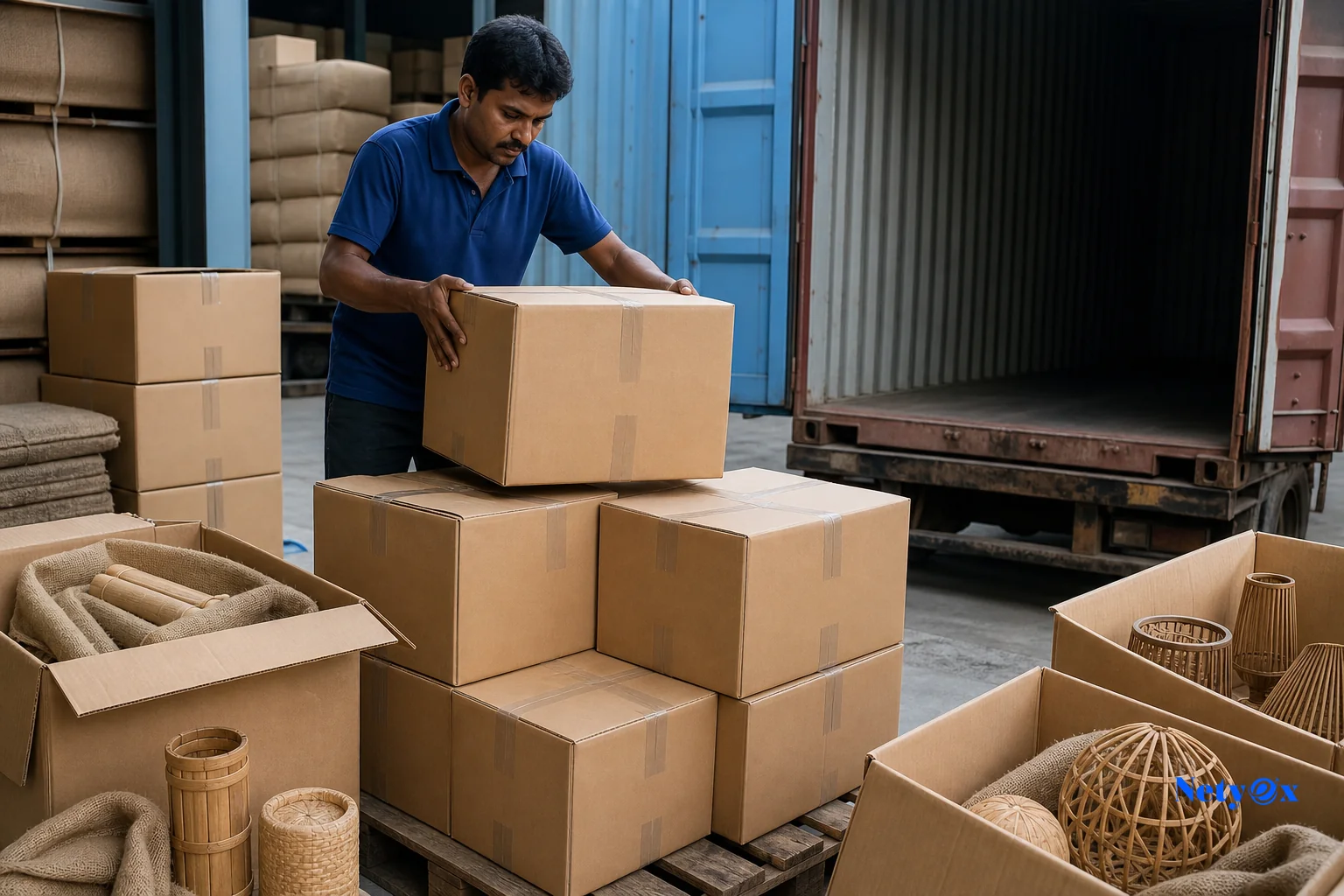 photorealistic photo, a warehouse worker in India stacking sturdy export cartons labeled for overseas shipment onto a pallet, jute bags and bamboo product samples visible through partially open boxes, a shipping container door open in the