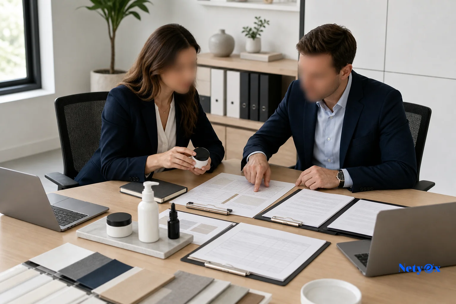 Netyex sourcing specialists reviewing toy compliance documents and product samples in a professional office
