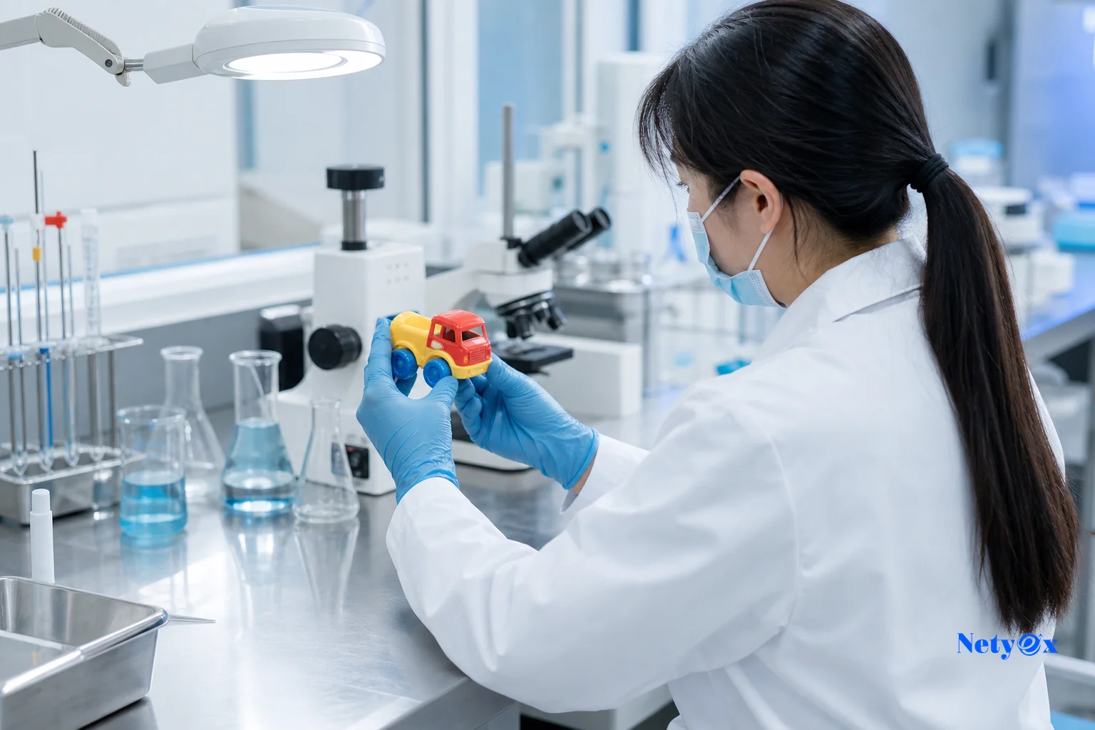 Laboratory technician testing toy samples for safety compliance before export from India