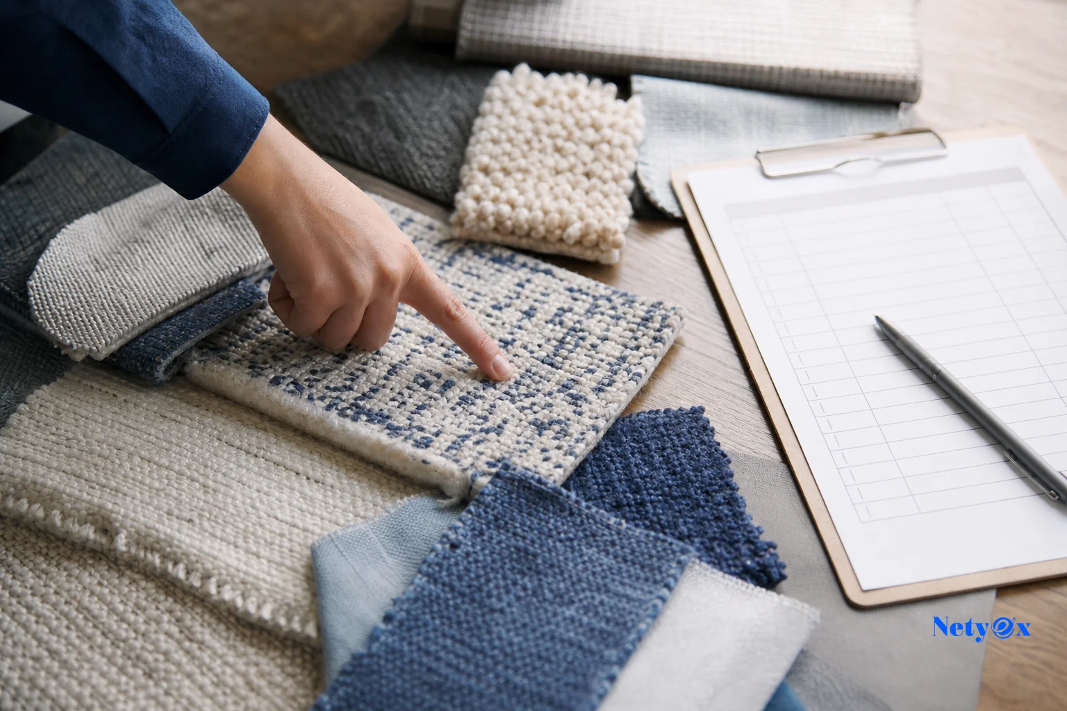 Close-up of hand-tufted wool rug samples and textile swatches being compared and inspected against a specification sheet. Photorealistic close-up photo of several rug and textile fabric swatches spread on a wooden table, a clipboard with a