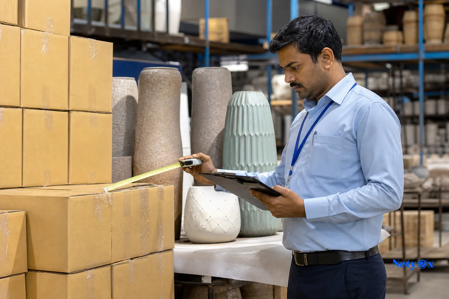 Third-party quality inspector examining packed cartons and finished goods in an Indian factory warehouse before export. Photorealistic photo of a quality control inspector in a factory warehouse in India examining stacked export cartons and