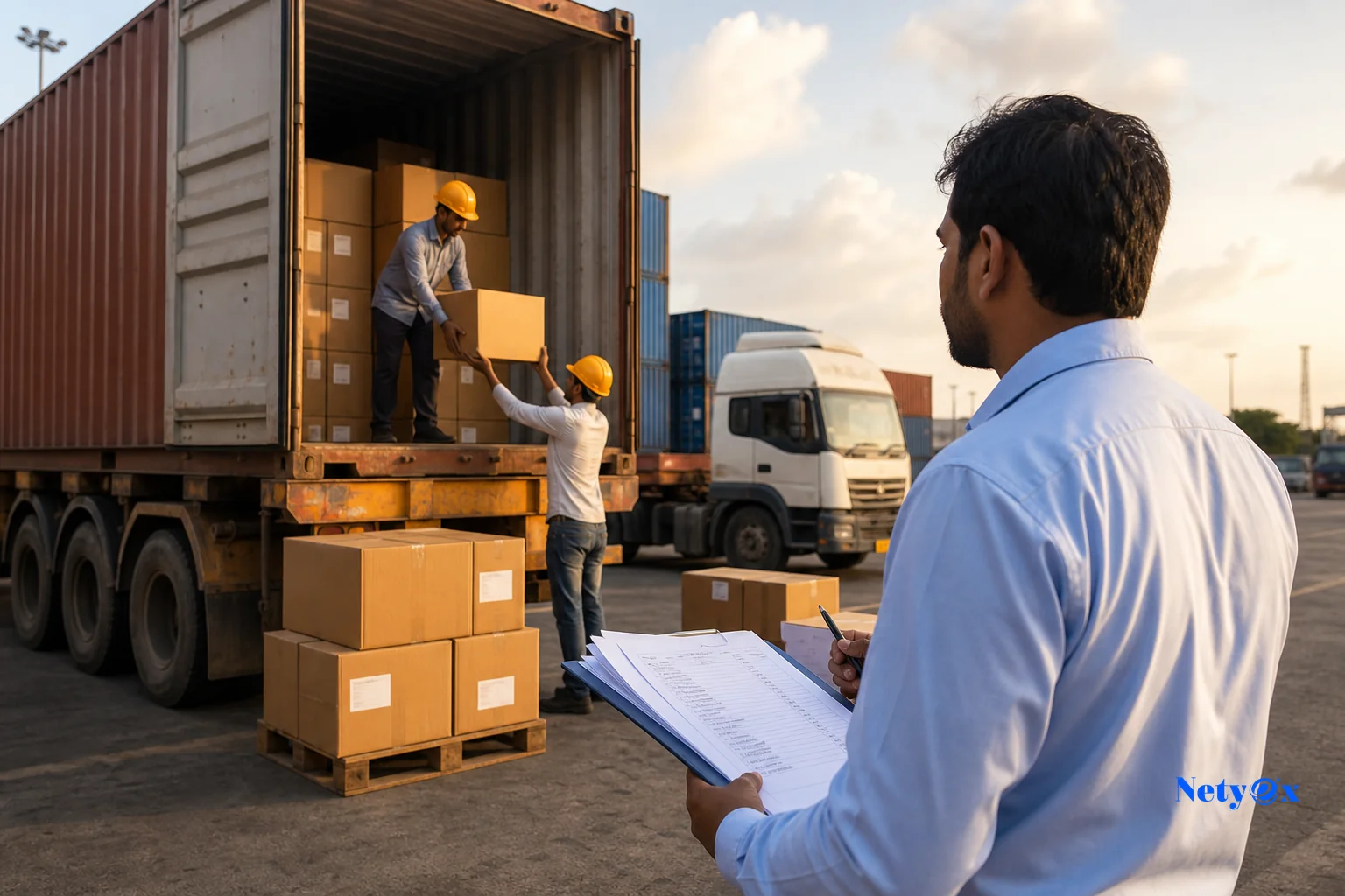 Export cartons being loaded into a shipping container at an Indian port or logistics yard with documentation in hand. Photorealistic photo of workers loading labeled export cartons into a shipping container at a logistics yard near an