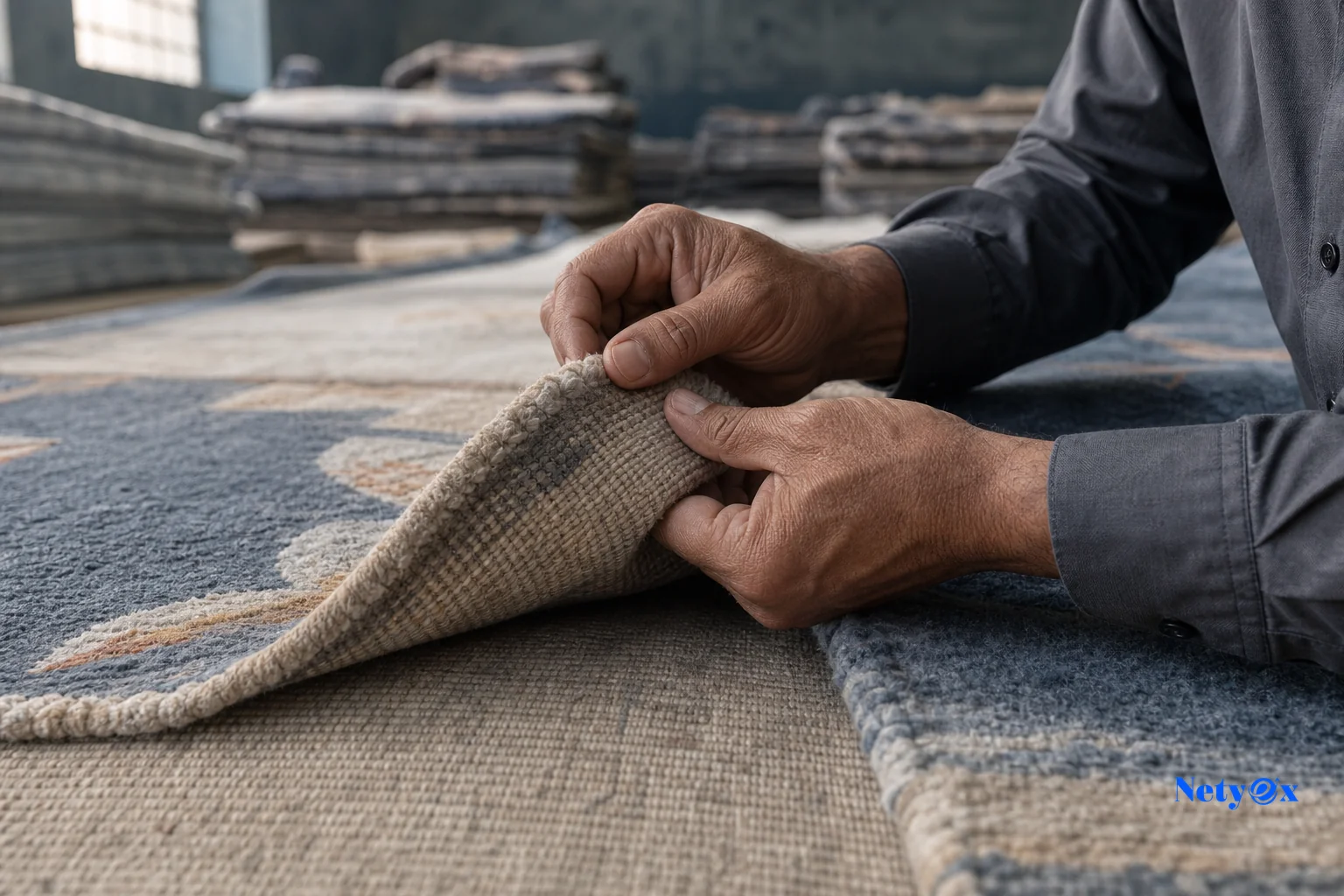 Close-up inspection of rug pile and backing by a quality control worker in an Indian workshop. photorealistic photo of a quality control inspector's hands closely examining the woven pile and backing of a wool rug in an Indian rug workshop