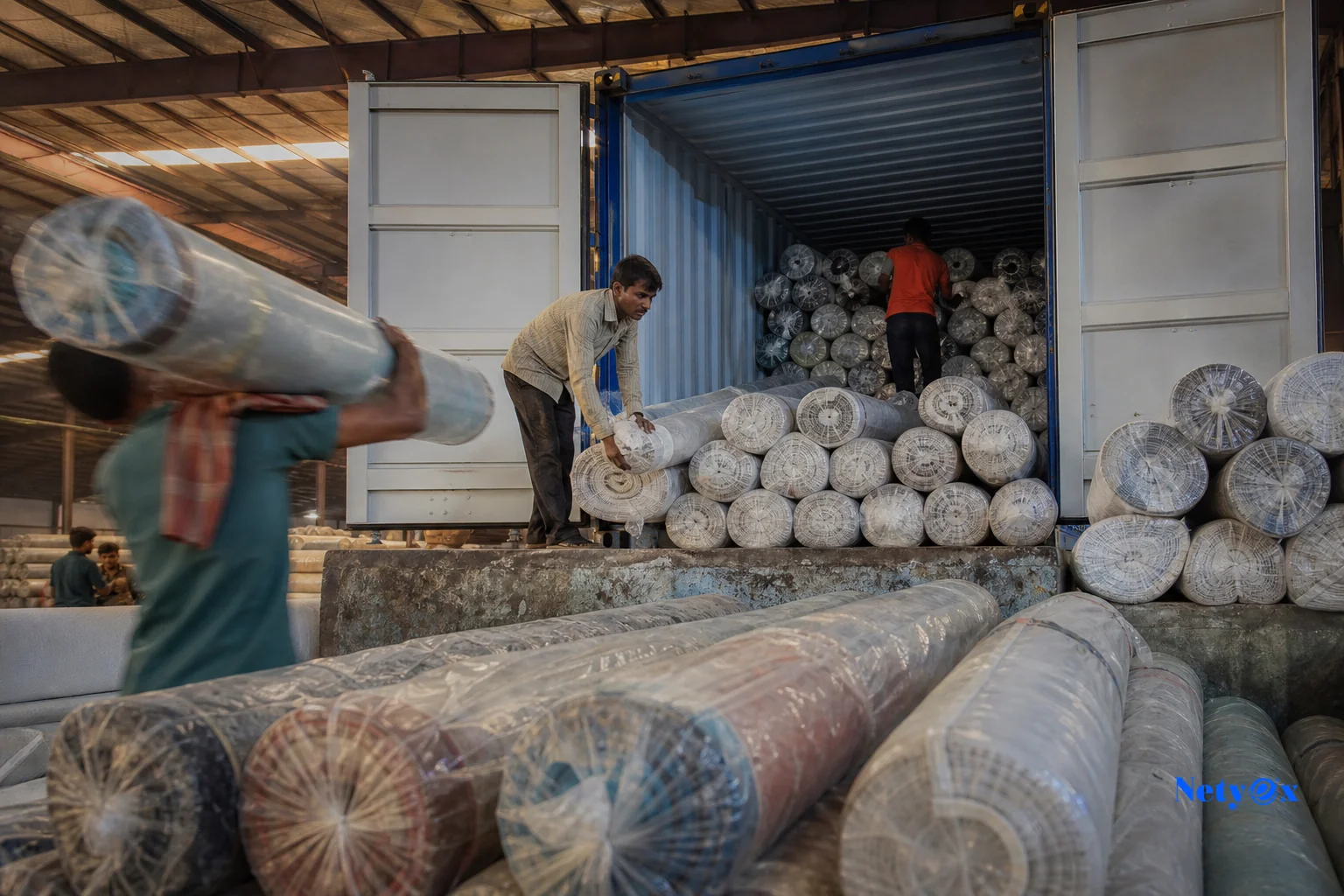 Rolled rugs wrapped for export being loaded into a shipping container. photorealistic photo of tightly rolled rugs wrapped in protective plastic and fabric packaging stacked and being loaded into a shipping container at an Indian export