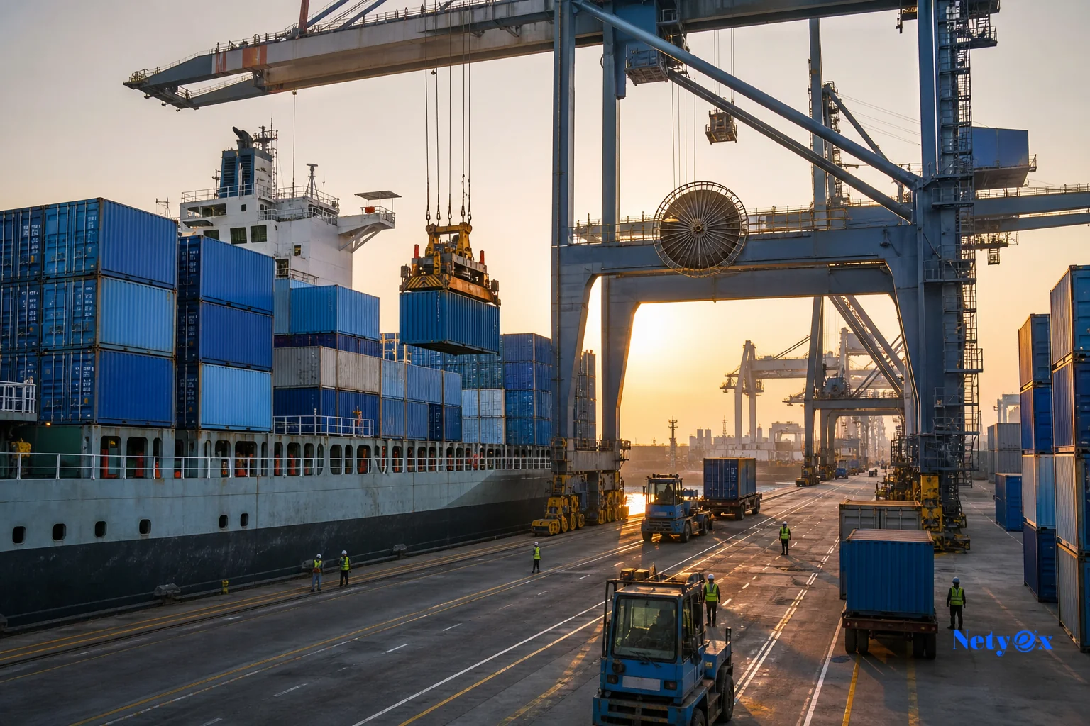 A photorealistic image of a busy Indian port with containers being loaded onto a cargo vessel. Photorealistic photo of a large container terminal at an Indian seaport at golden hour, gantry cranes loading blue and grey shipping containers