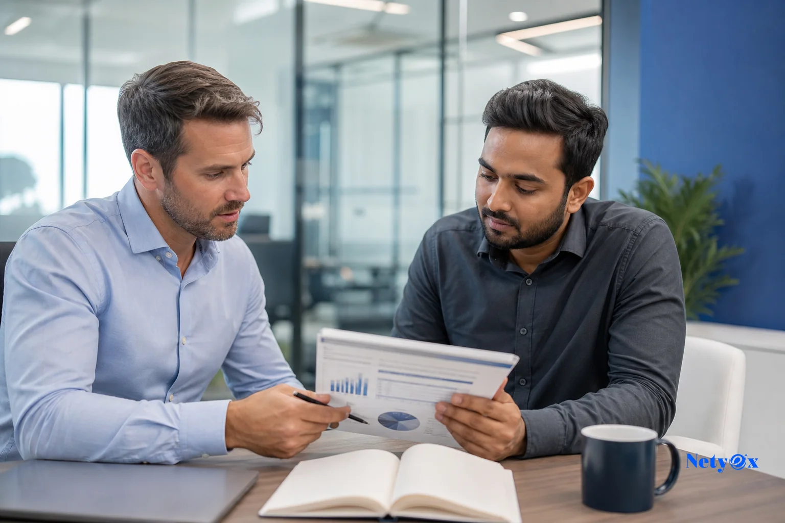 A photorealistic image of a business meeting between an international buyer and a sourcing specialist discussing shipping terms. Photorealistic photo of a professional video call or in-person meeting between an international buyer and an