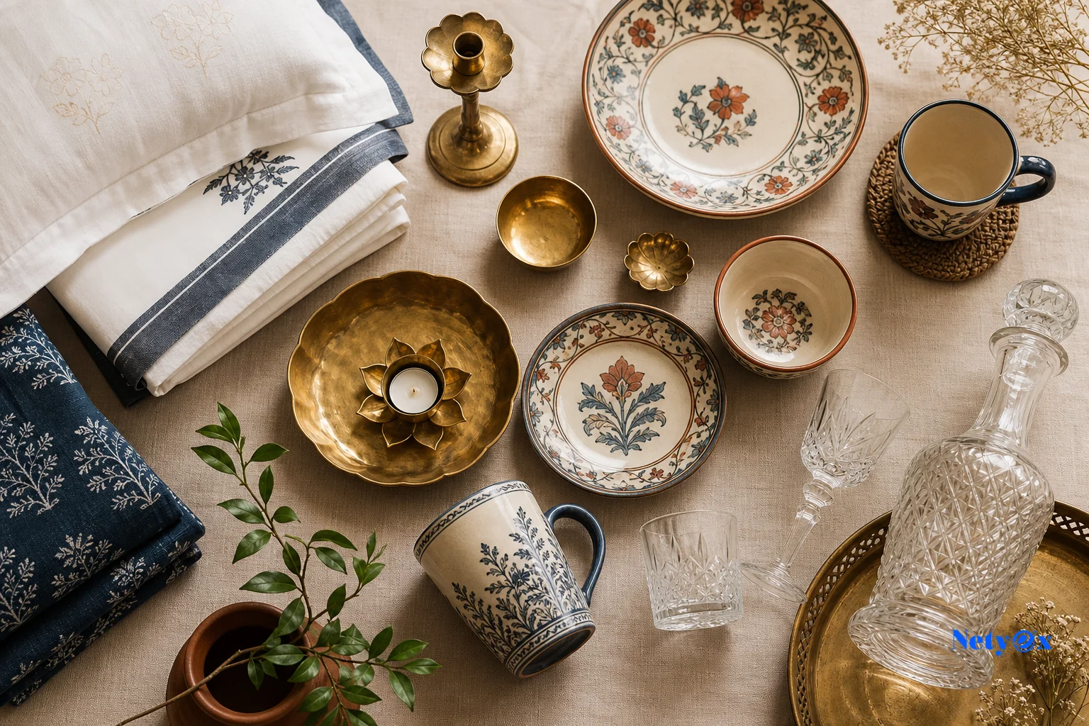 Indian export products popular with UK importers including brass tableware, ceramic pottery, bed linen, and glassware