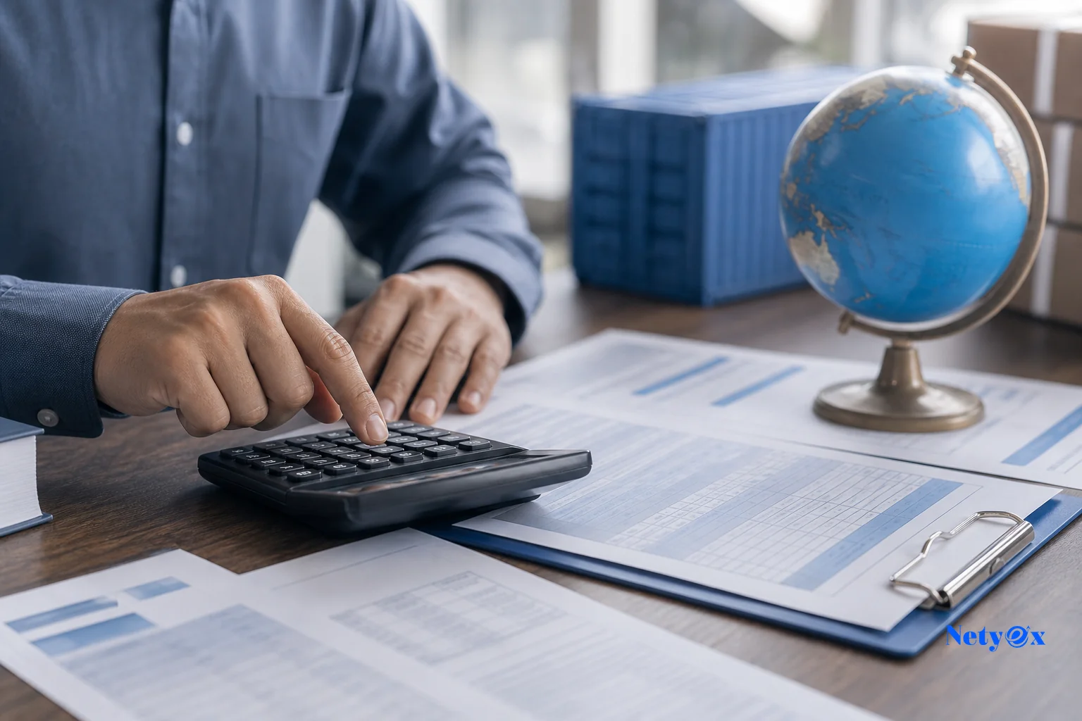 Close-up of hands calculating shipping and customs costs with calculator and paperwork. photorealistic close-up photo of hands using a calculator next to invoices, a shipping manifest, and a small globe on a wooden desk, cool blue and slate