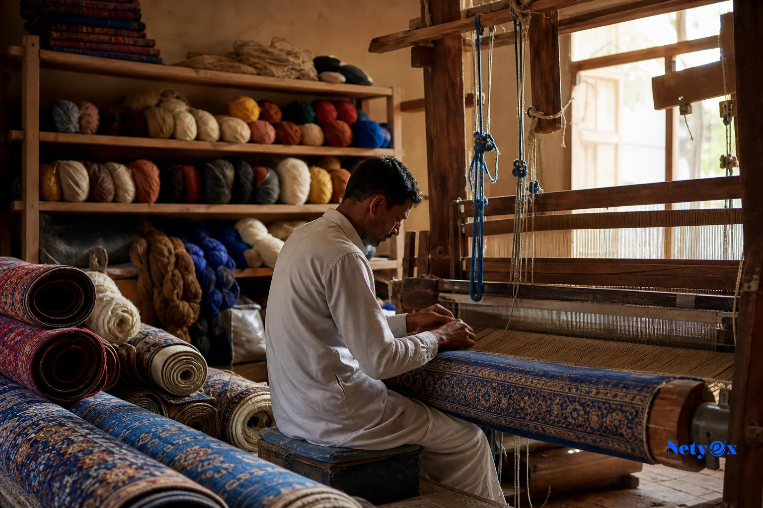 Artisan workshop in India producing handwoven textiles and rugs for export. photorealistic photo inside an Indian textile workshop showing an artisan working at a large wooden loom with colorful wool yarns, warm natural light streaming