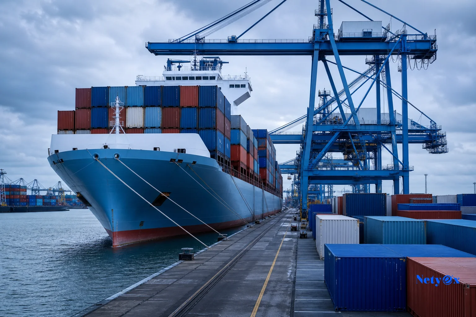 Container ship at a European port representing sea freight route from India to Germany. photorealistic wide-angle photo of a large container ship docked at a modern European port with blue cranes under an overcast sky, cool blue tones