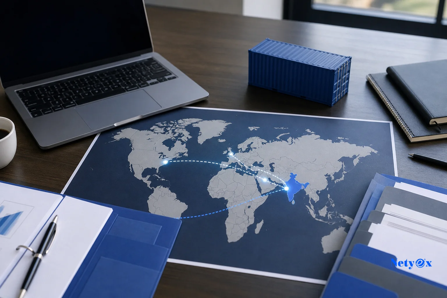 A world map style visual showing global trade routes from India to USA, UK, Europe, UAE, symbolizing multi-market compliance mapping. Photorealistic photo of a modern logistics office desk viewed from above, showing a world map document