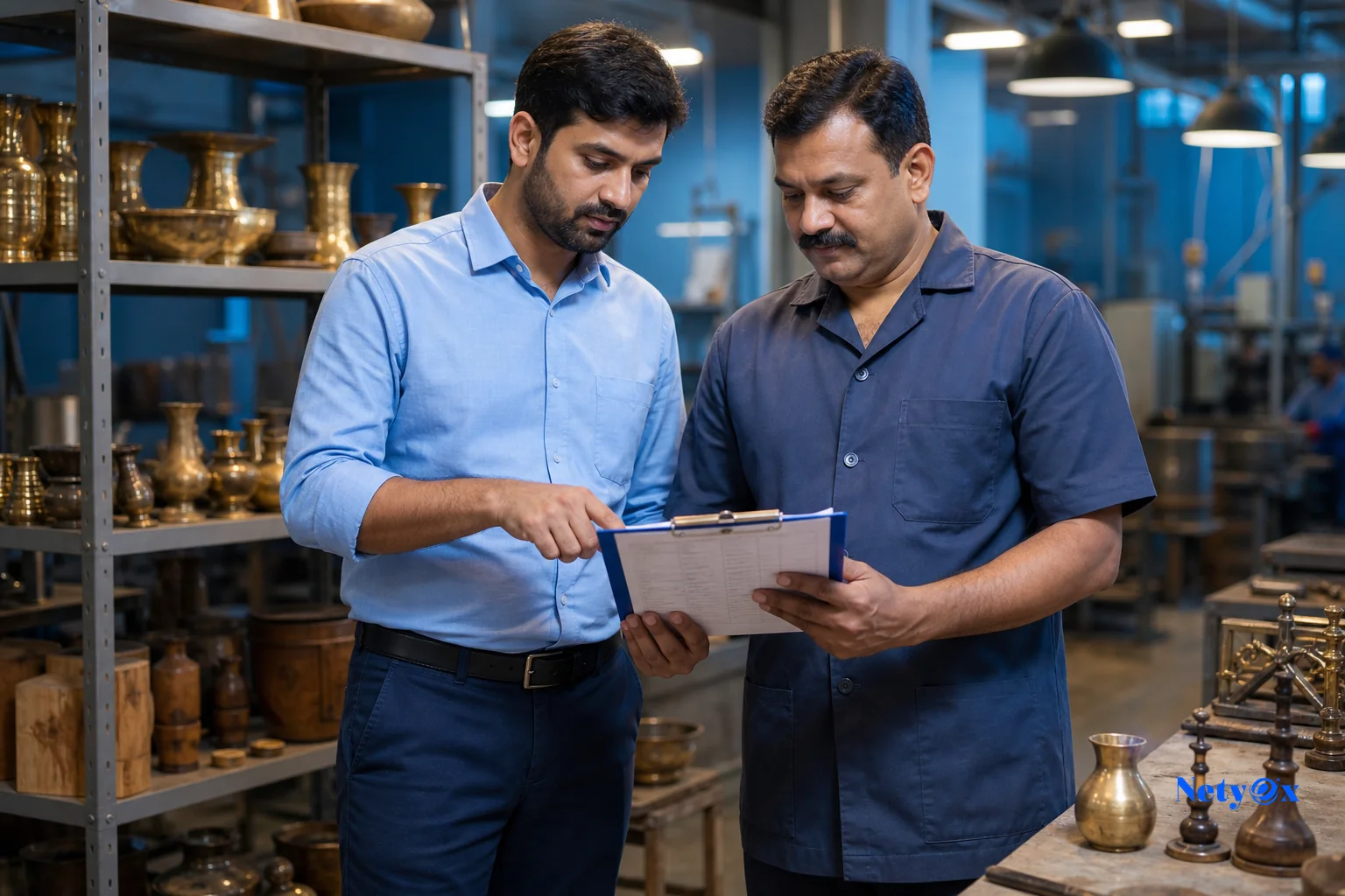 Photorealistic image showing a sourcing specialist reviewing a lab test certificate with a supplier at a manufacturing facility in India. Photorealistic photo of two professionals, an Indian sourcing specialist in business casual attire and