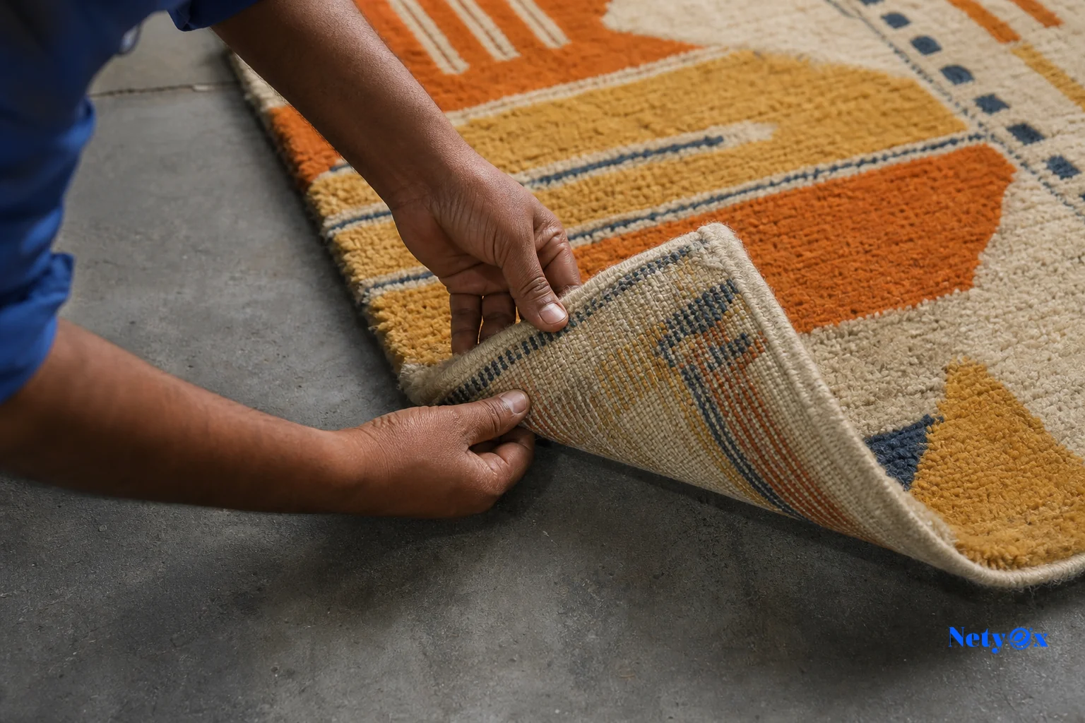 Close-up of hand tufted wool rug texture with an inspector examining it. photorealistic close-up photo of a quality inspector's hands examining the pile and backing of a hand tufted wool rug in an Indian workshop, natural workshop lighting