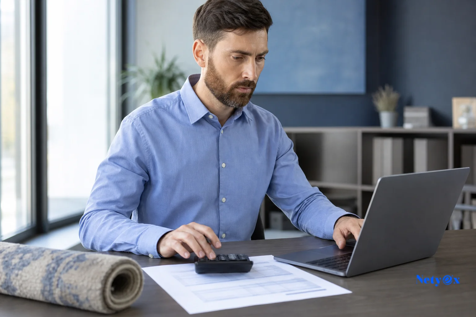 Person calculating shipping costs at a desk with a laptop, invoice, and calculator. photorealistic photo of a business professional at a desk calculating import costs on a laptop, alongside a printed invoice, calculator, and a small rolled