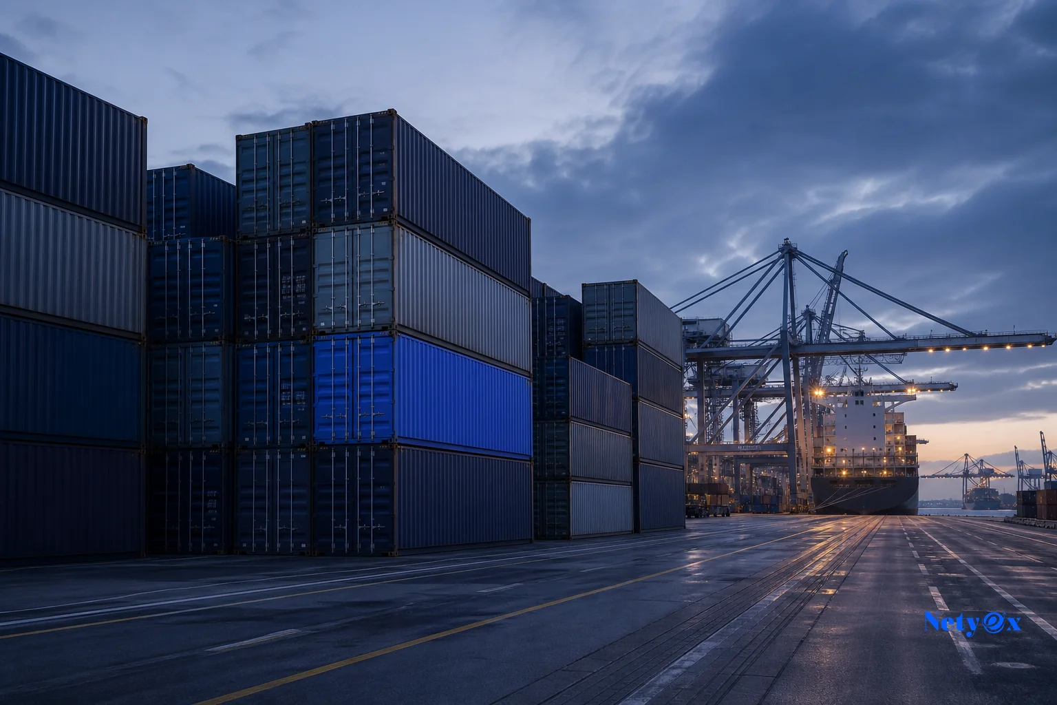 World map style photo with shipping containers representing different trade routes. photorealistic photo of stacked shipping containers at a busy port at dusk, one container painted with muted blue tones evoking brand color #2d58dd, cranes