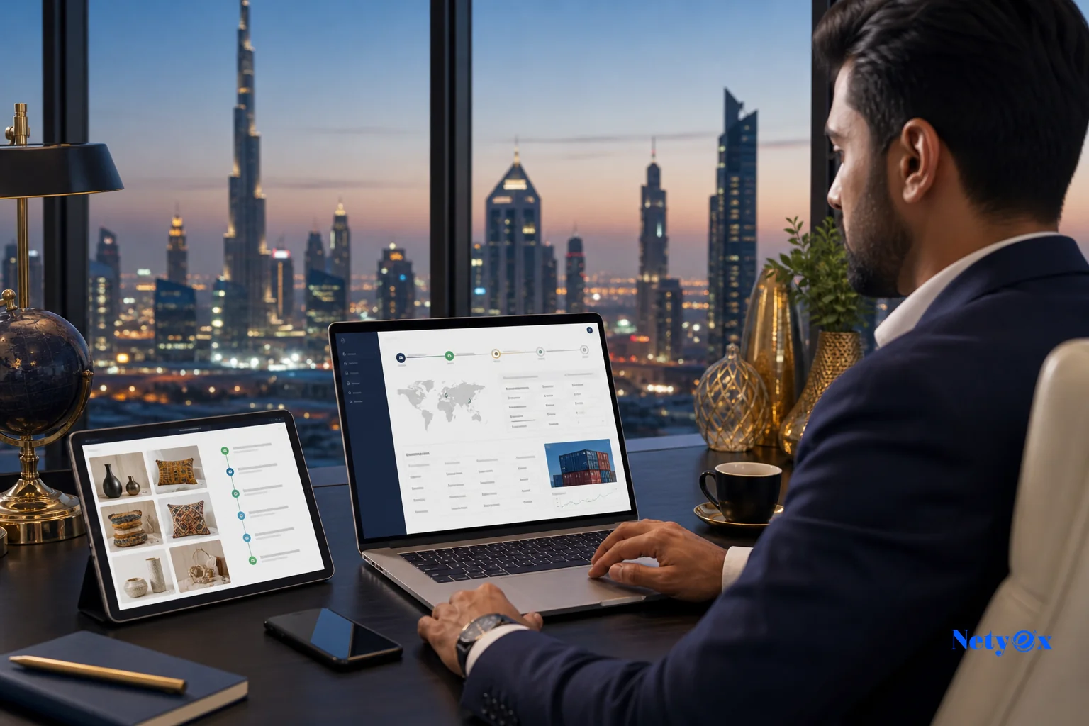 UAE business professional monitoring India order tracking dashboard on laptop in a modern Dubai office