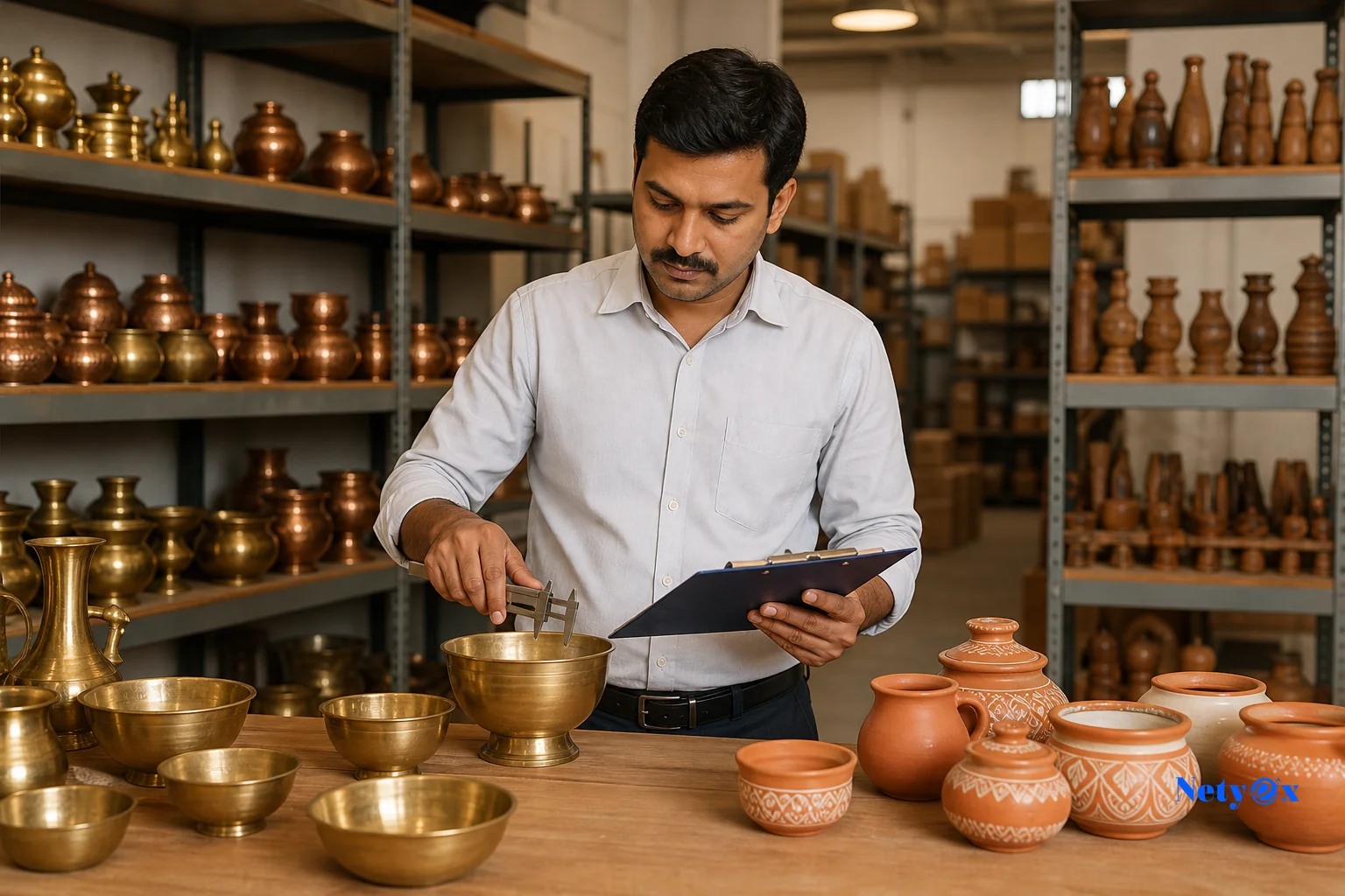 Quality control inspector examining brass tableware and ceramic pottery in an Indian factory warehouse