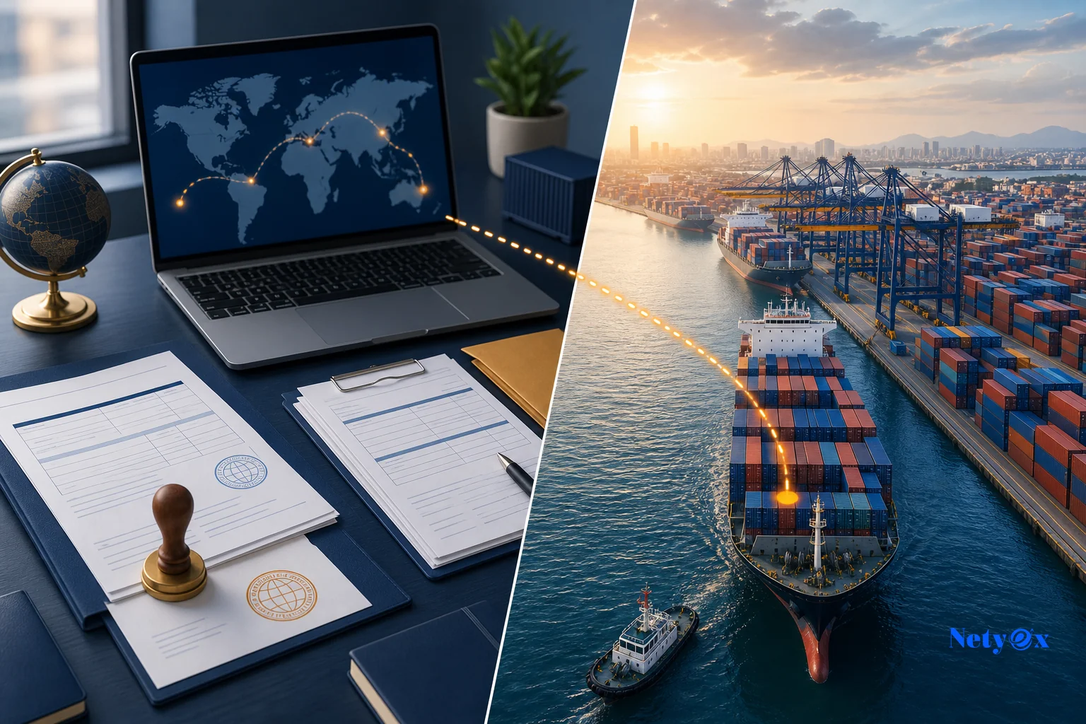 Export documentation desk with Certificate of Origin and shipping containers at Jebel Ali port