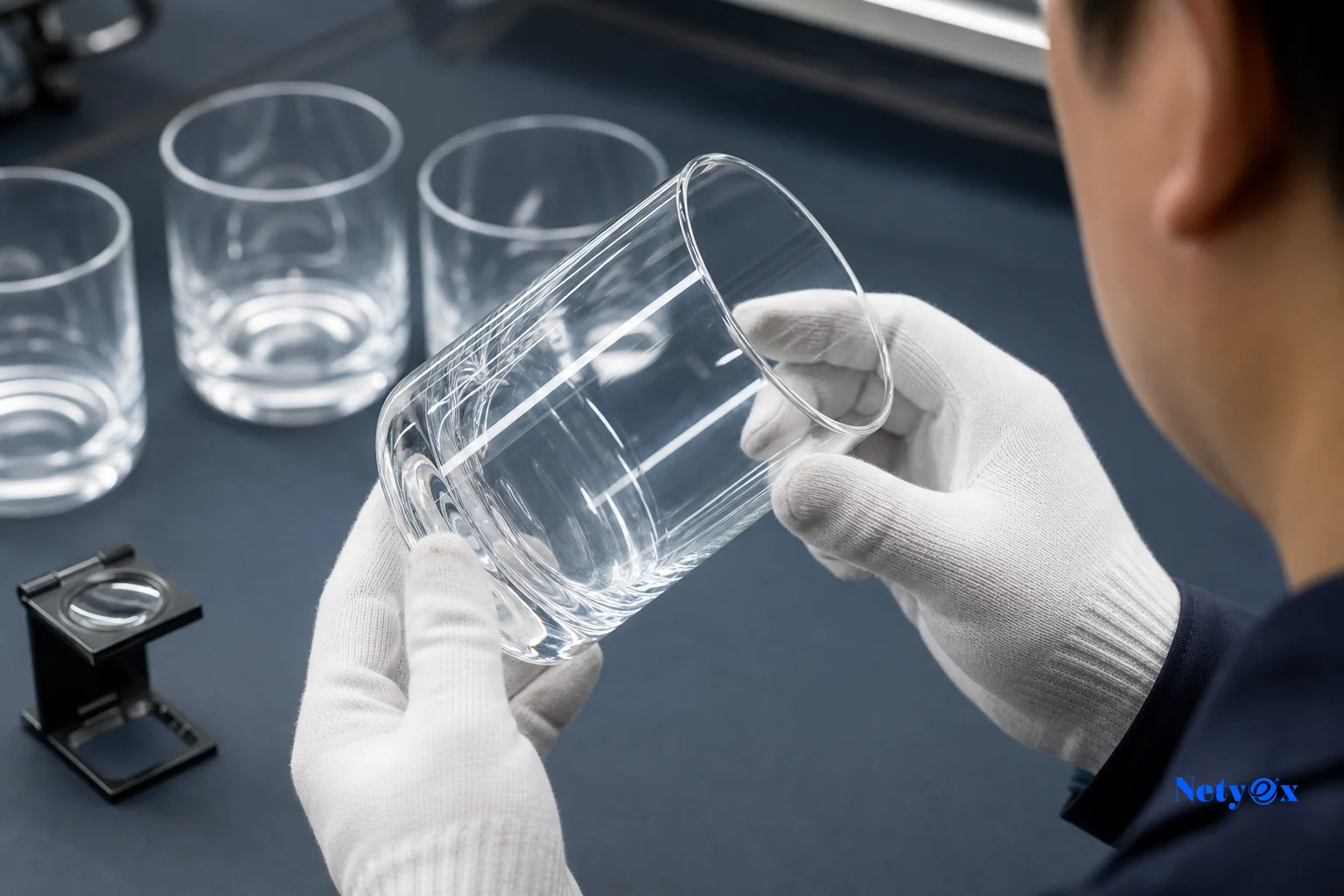 Quality inspector checking rim and clarity of glass tumbler samples in India
