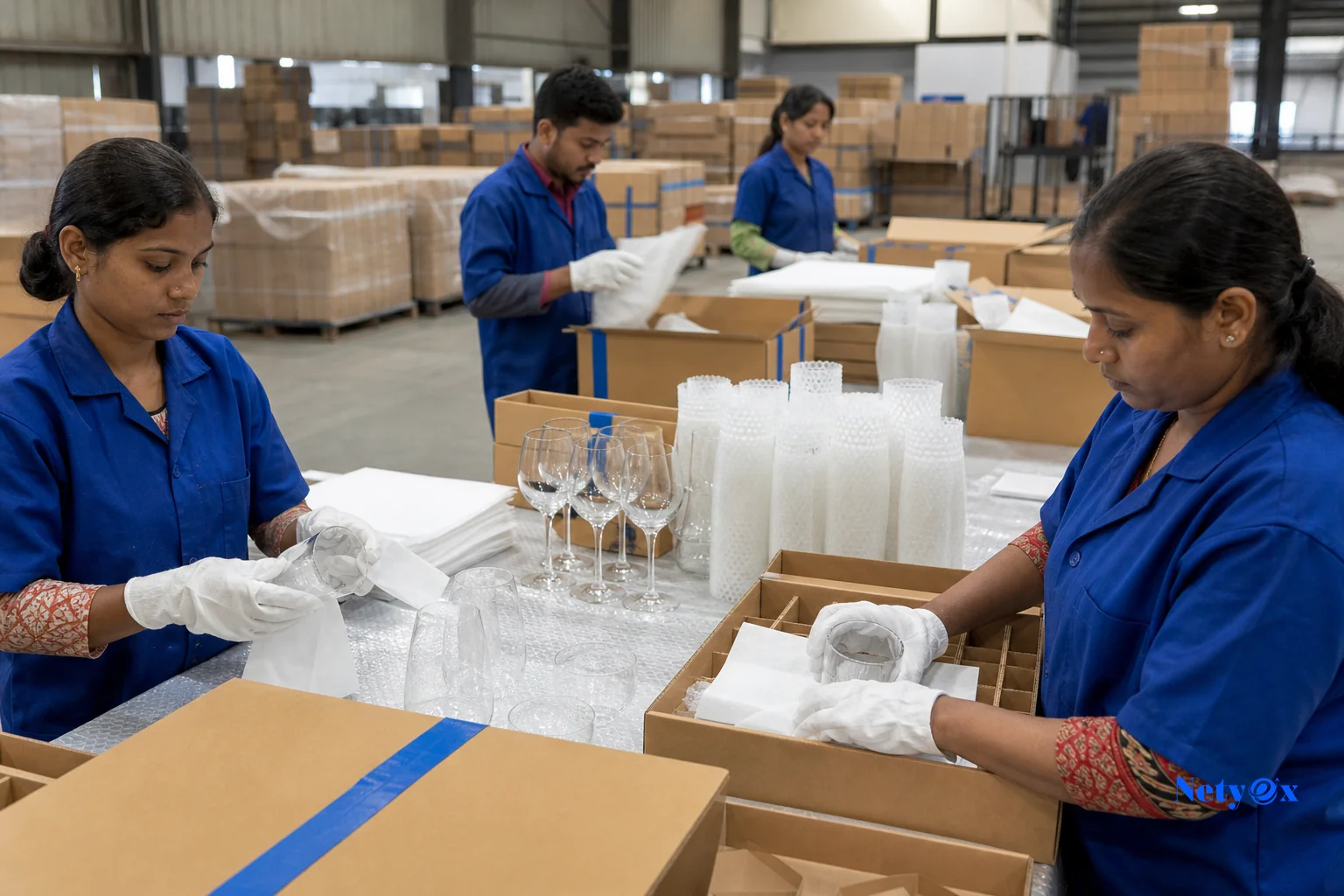 Factory workers packing glassware into partitioned export cartons with protective wrapping