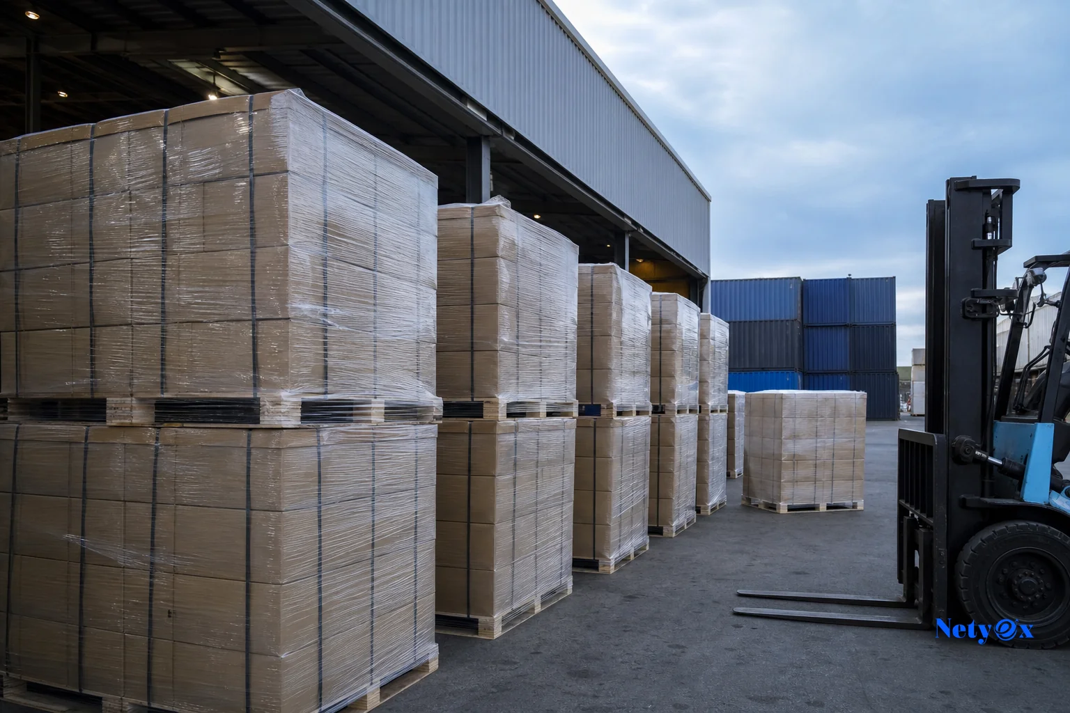 Palletized export cartons of glassware ready for container loading at an Indian logistics warehouse