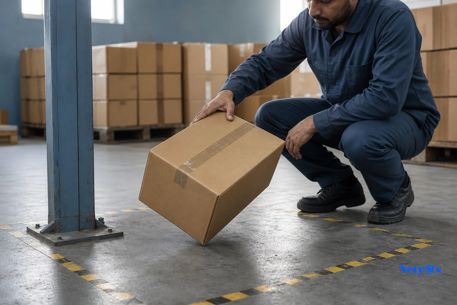 Close-up of a packaging drop test or carton integrity check on export goods. Photorealistic close-up photo of a quality control technician performing a carton drop test on a sealed export shipping box in an Indian warehouse setting