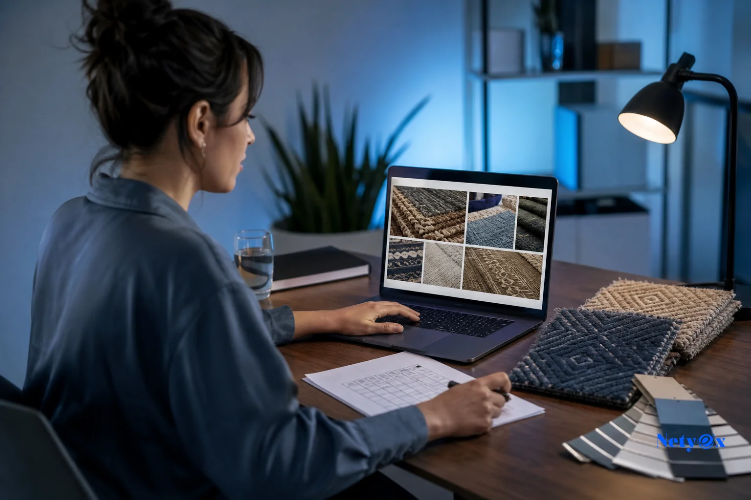 A sourcing coordinator reviewing an inspection report on a laptop alongside product photos. Photorealistic photo of a sourcing coordinator at a desk reviewing an inspection report and product photographs on a laptop screen, a printed